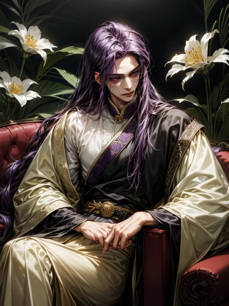 One Handsome male, long dark purple hair, small waist.
Fine eyes and detailed fine face.
Silk and jewerly ( diamonds, safires, rubies and gold) on his intricate and lusciously detailed hanfu clothing. Jewerly belt around waist.
Posing seductively on a couch.
Flowers and plants around him.
Cinematic lighting effects
Masterpiece Artwork
AbsurdRes
High Definition level of art style
HDR