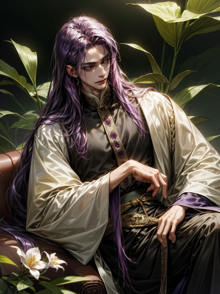 One Handsome male, long dark purple hair, small waist.
Fine eyes and detailed fine face.
Silk and jewerly ( diamonds, safires, rubies and gold) on his intricate and lusciously detailed hanfu clothing. Jewerly belt around waist.
Posing seductively on a couch.
Flowers and plants around him.
Cinematic lighting effects
Masterpiece Artwork
AbsurdRes
High Definition level of art style
HDR
