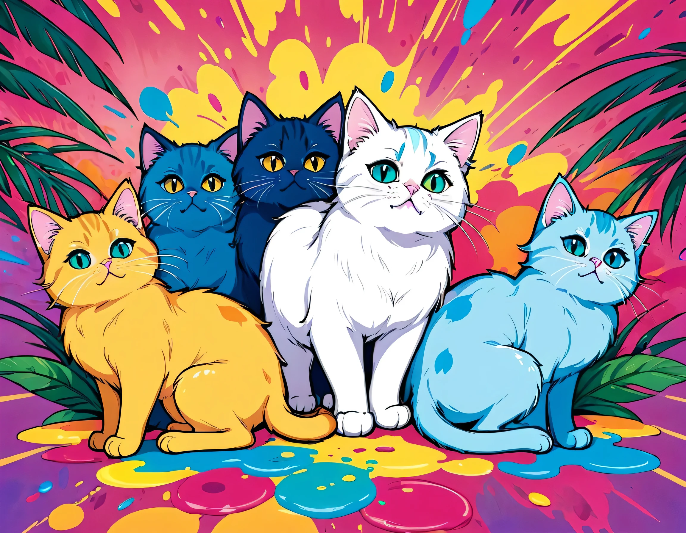Vector Art, Colorful illustration with lots of cute Persian kittens, In the center, Vibrant colors, Paint splatters and stains, High Detail,Hawaiian style background