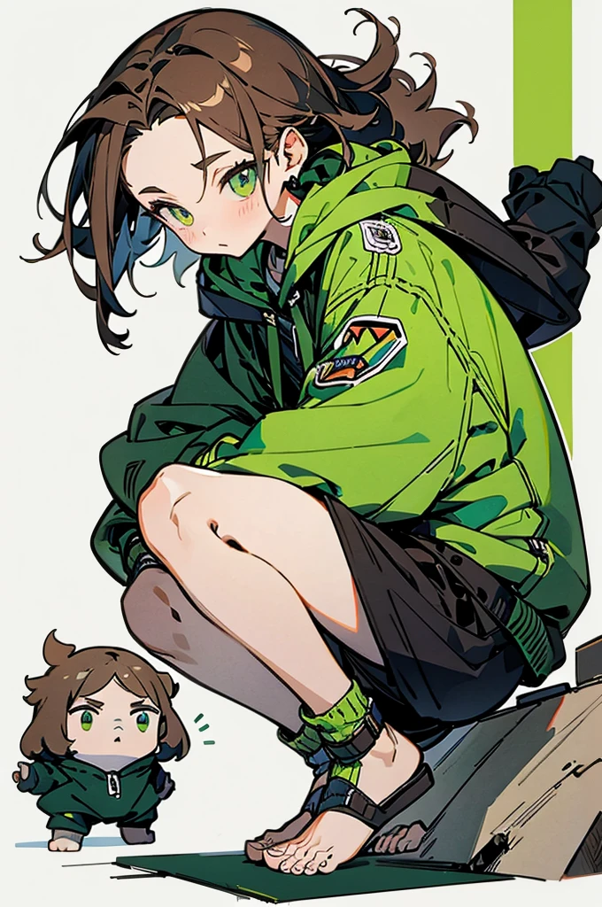  eye, exposed ,15 years old、juvenile, Forehead、 green_eye, Brown_hair, Hello, have, Jacket、hoodie、Shoulder Bare、Large hood、Brownのhair, Shorts、feet、Thighs、white background, full body