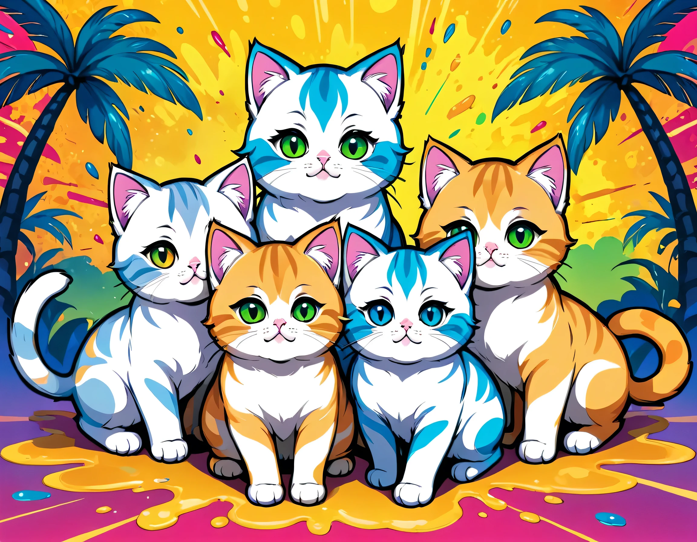 Vector Art, Colorful illustration with lots of cute Persian kittens, In the center, Vibrant colors, Paint splatters and stains, High Detail,Hawaiian style background