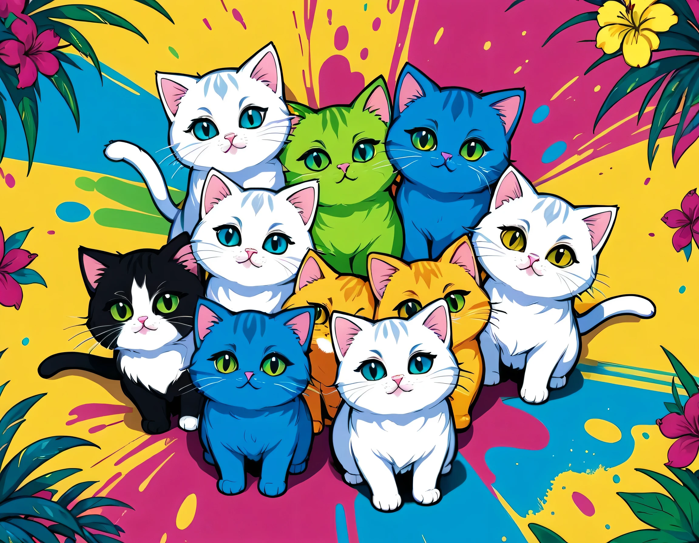 Vector Art, Colorful illustration with lots of cute Persian kittens, In the center, Vibrant colors, Paint splatters and stains, High Detail,Hawaiian style background