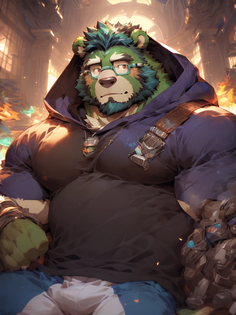 masterpiece ,best quality ,delicate face ,delicate eyes ,perfect anatomy ,Super detailed ,depth of field ,perfect lighting ,light particles ,Vibrant colors , sharp lineart, adventurer cloth ,masterpiece,high quality,anime,detailed eyes,furry male Green Bear, (((Jinpei))), Great physique, arm gauntlet, (Rainbow Spark), highly detailed, (((detailed face, detailed eyes, detailed background, detailed))), (digital flat colors:1.1), (masterpiece:1.3),(best quality:1.4), 4k, hi res, Solo, solo focus, Male, Male focus, anthropomorphic, bear, mature, shaded, good anatomy, (((green bear))), (((green fur))), no hair, beard, white eyebrows, (((bald))), detailed dark red eyes, tall))), 5 fingers, (((black t-shirt inside))), (((white coat with hood))), (((by zixiong, by bogexboog, by null-ghost, by pino daeni))), nj5furry, full body, landscape, wizard, scifi, scifi city landscape, scifi fantasy, (((saiyan scouter))),