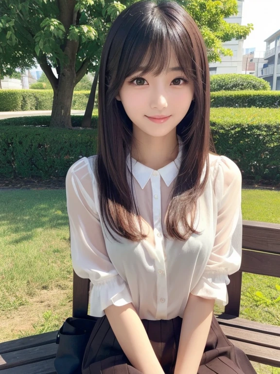 Group photo、((Layered Haircut)),(8k,highest quality),Full Body Shot,hots from a distance,student,White satin open-collar shirt,Full body photo、 Adorable, smile, Thin face, Long, fine brown hair, 32k, masterpiece, Best image quality,超A high resolution,Perfect hands,Black choker、Blue Eyes、bangs、Very many and very long eyelashes、uniform、Summer clothes、smile、garden、cherry blossoms