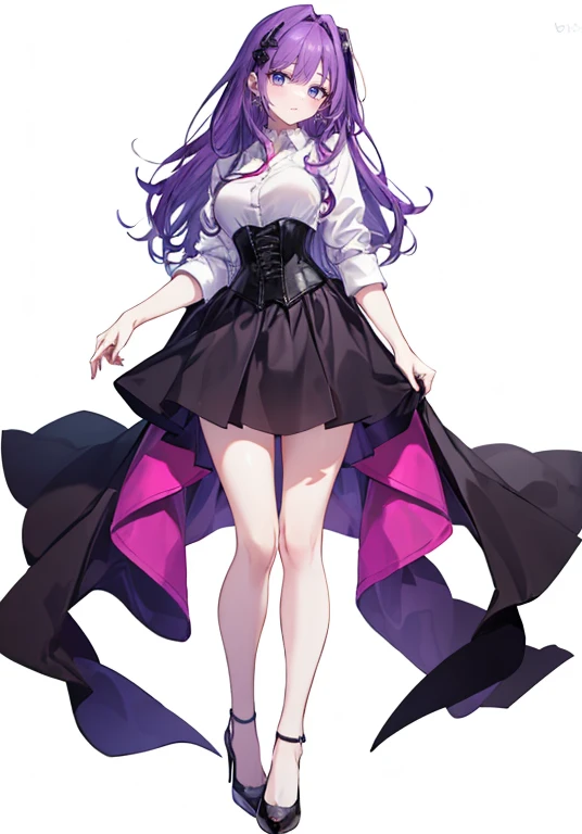 ((Perfect Face)),Purple Hair,long hair,Adult female,White shirt,((Shirt with rolled up sleeves)),(((Roll up your sleeves))),((corset)),skirt,(High heels),((Simple White Background)),((full body)),((Full Body)),