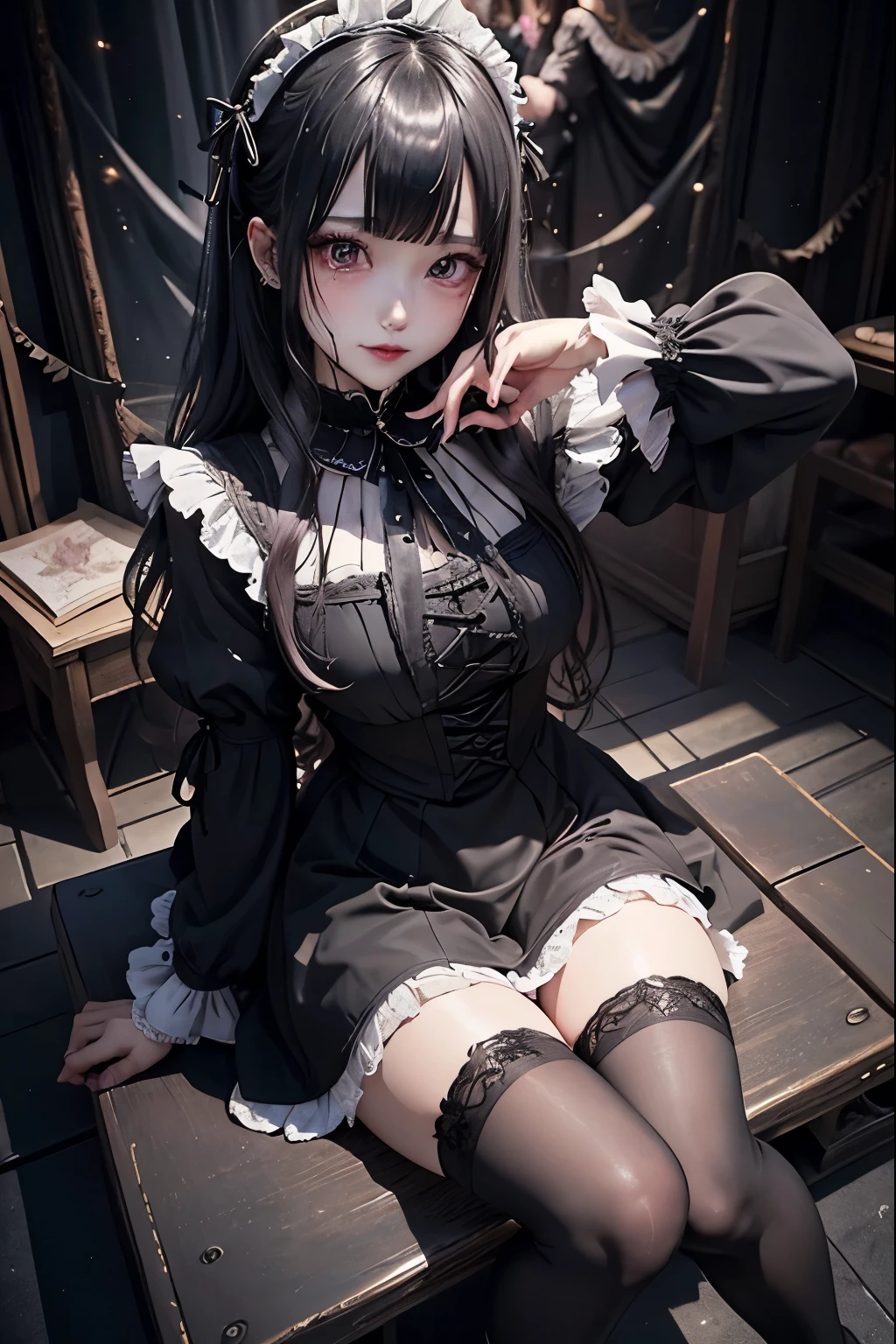 ハードDark Gothicメイク、Deep Night Sky、Horror、Black dark eyeshadow、sad、Good skin radiance、Dark Gothicメイク、Dark smile、palace、24-years-old、Embarrassed look、Dark Gothic、Obscene language、highest quality、Drunk face、紫のMaid clothes、Mysterious、Noble、sexy、Loving smile、Right blue eye, Left eye is red、Platform Heel Shoes、Heavy makeup、Gothic ta Clothing、Silver Hair、Long Hair Straight Hair、Cute Gothic Loliress、Beautiful Face、elegant features、Fascinating face、Stained glassが背景、Chest glistening with sweat、The room is dark、gothic long dress、Bell Sleeves、Wizard Sleeve、Decadent look、Sexually excited expression、Glossy thighs wet with water、Thighs that are wet and shiny with oil、Background of a room full of roses、The embroidery is pink、The dress has pink embroidery、Thigh-high socks、Knee-high socks、Gentle expression、Dark black eyeshadow、Stained glassと薔薇背景、Female Duo、Female couple、dark church background、Stained glass、Black metal world、Dark Castle、Slender body、gothic long dress、Maid clothes、Victorian dresses、Her thighs glisten with sweat、My body is wet and shiny、Lots of glitter on the thighs、My thighs are sticky from sweating、Sweat glistens on the thighs, The whole body is sweaty and shiny、Quite sweaty、My thighs are sweaty、My thighs are so wet、My thighs are shining with sweat、A lot of sweat glistens all over the body、Small breasts、Orchestra StageStage、Dynamic Angle、sitting on a gothic chair、Play the violin gracefully、With a violin、Press the violin strings、violinist、orchestra performance、Thin thighs、slender、Violin body and strings、Sit on a chair、pantyhose、