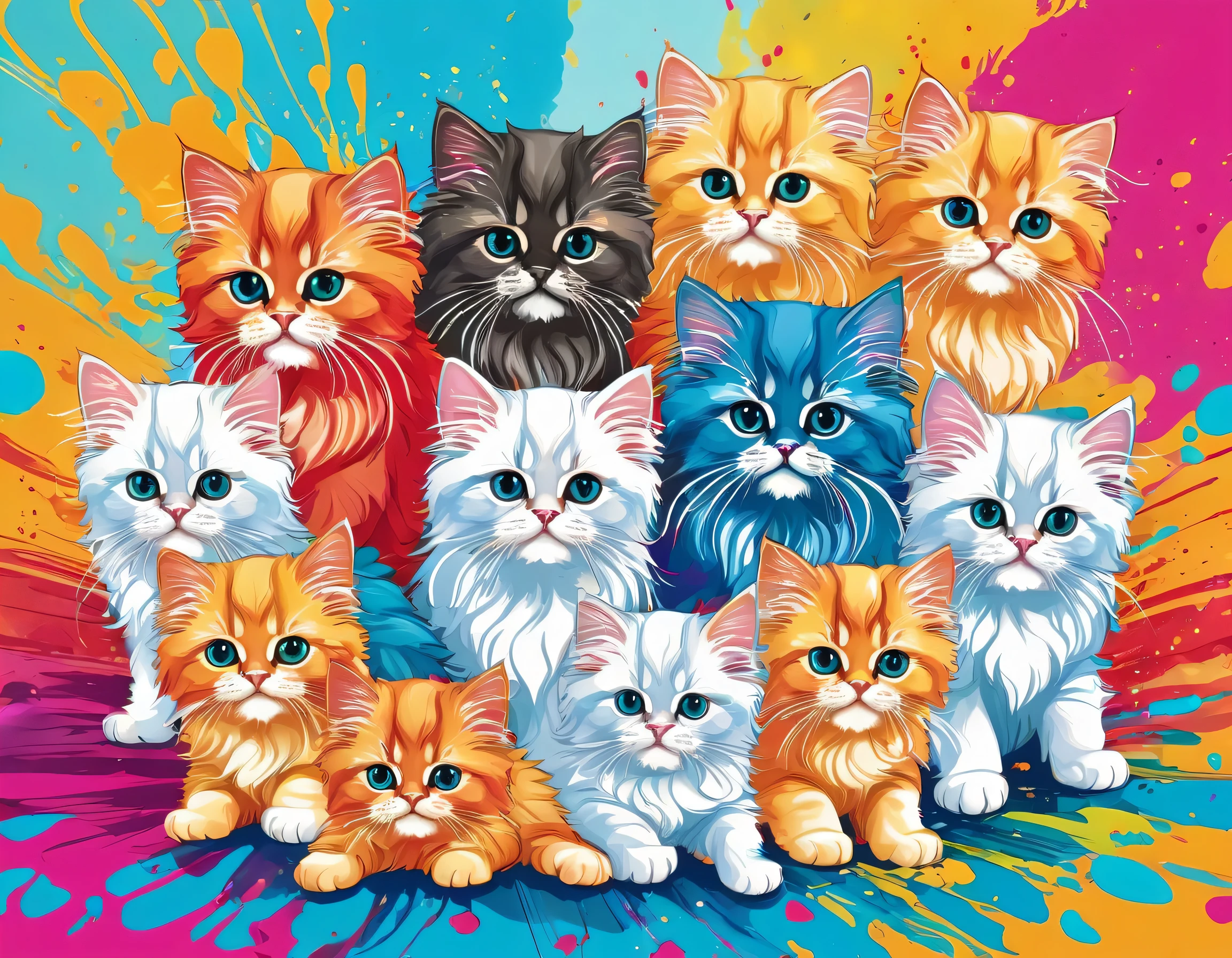Vector Art, Colorful illustration with lots of cute Persian kittens, In the center, Vibrant colors, Paint splatters and stains, High Detail,Hawaiian style background