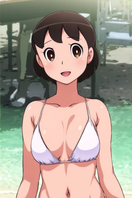 (best quality), (masterpiece), azusa_hamaoka, short hair, black hair, brown eyes, large breasts, bikini, city, beach, looking at viewer, smiling, full body, ultra realistic 8k cg, masterpiece, ((ultra detailed background, delicate pattern, intricate detail)), (highly detailed, fine details), best quality, 1girl, (photorealistic:1.4),beautiful lighting, absurdres, RAW photo, film grain, ((medium breasts, slim girl)), 1girl