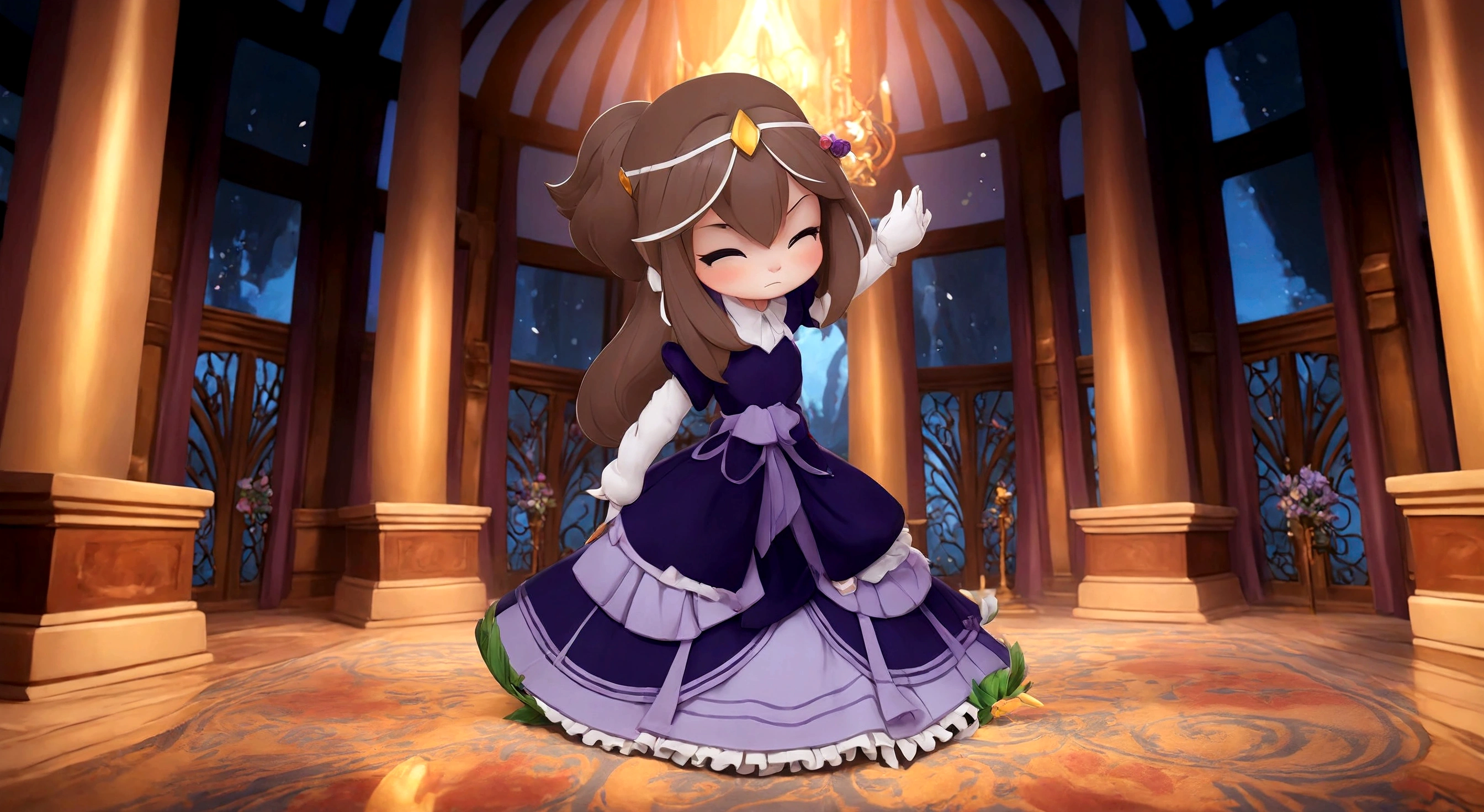 a close up of a cartoon girl in a dress in a room, in a fancy elaborate dress, in dress, in style of cytus and deemo, ((wearing aristocrat robe)), doing an elegant pose over you, rei hino as a princess, princess of amethyst, an elegant gothic princess, royal elegant pose, cute anime waifu in a nice dress