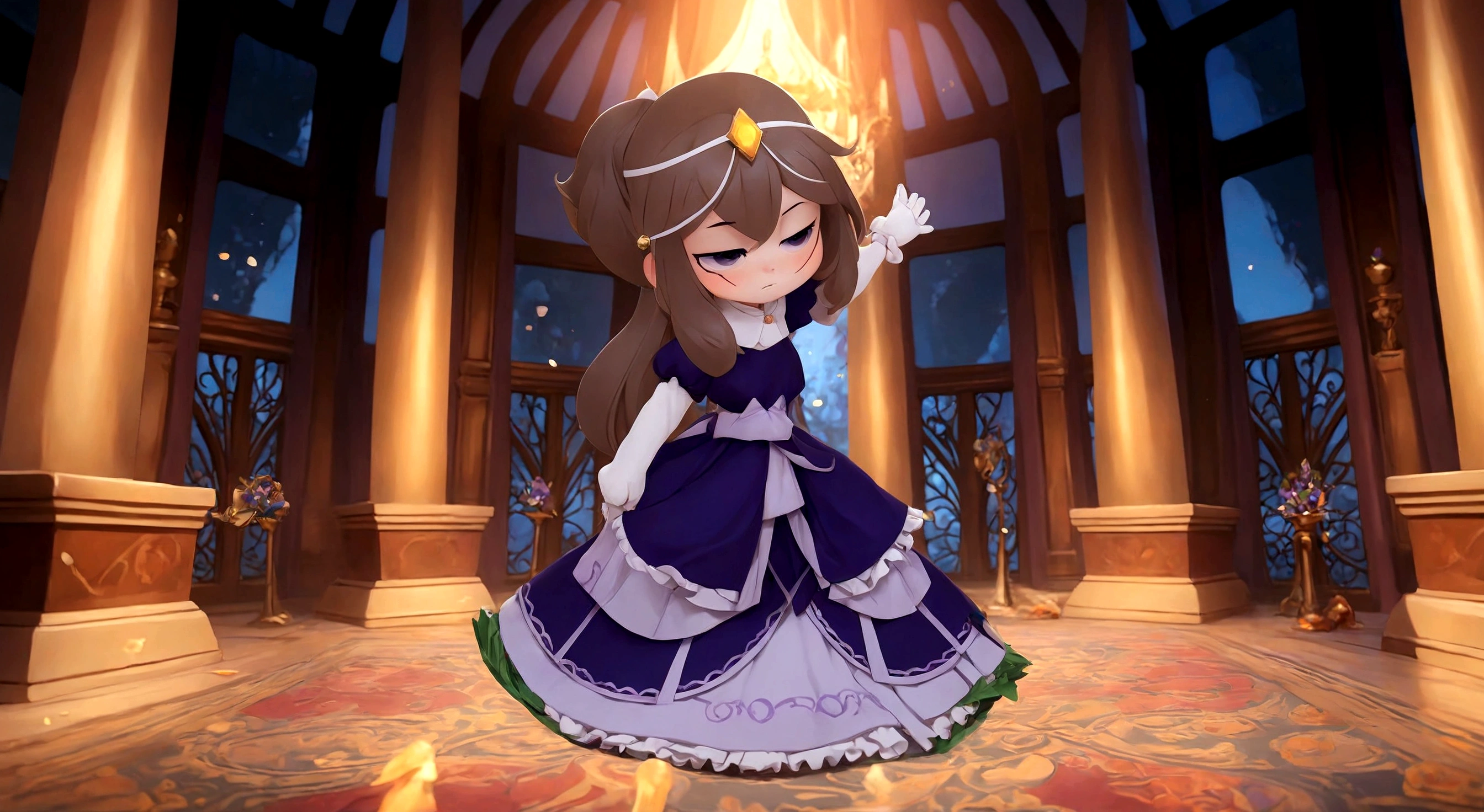 a close up of a cartoon girl in a dress in a room, in a fancy elaborate dress, in dress, in style of cytus and deemo, ((wearing aristocrat robe)), doing an elegant pose over you, rei hino as a princess, princess of amethyst, an elegant gothic princess, royal elegant pose, cute anime waifu in a nice dress