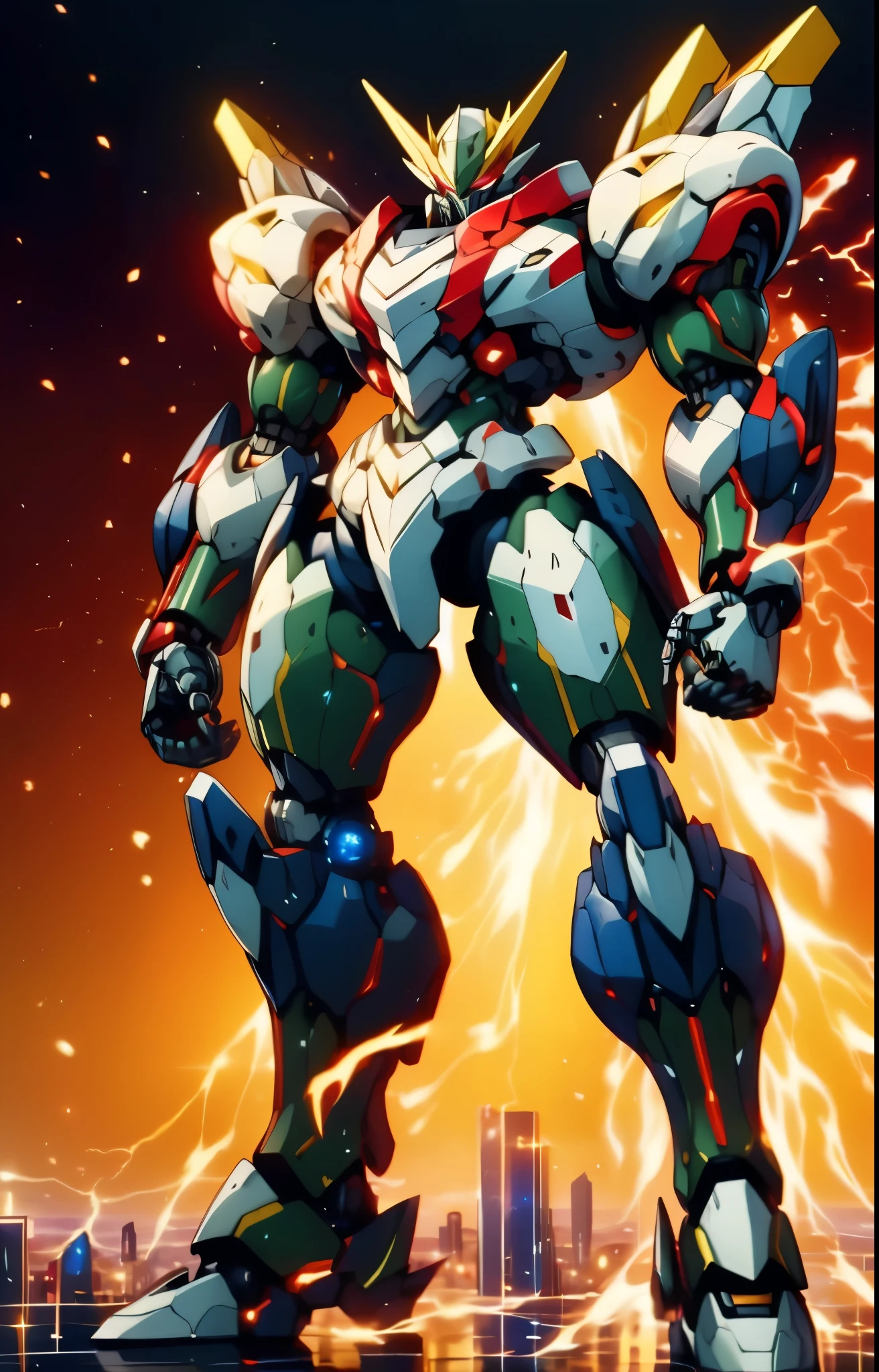 Humanoid Mecha, fully enclosed shoulder guards, matching arm and leg guards, full body, full armor, the design balances heavy with agility, (the color scheme is primarily white with red and blue accents, the concept Inspired by Super robot, organic biotech armor, standing, floating high above the futuristic sci-fi city), exquisite and mature art style, (aura effect, energy, glowing eyes, the armor glows), ((SRS)), metallic, dynamic, dramatic, high definition, best quality, highres, ultra-detailed, ultra-fine painting, extremely delicate, professional, perfect body proportions, anatomically correct, symmetrical face, extremely detailed eyes and face, high quality eyes, creativity, RAW photo, UHD, 32k, Natural light, cinematic lighting, masterpiece-anatomy-perfect, masterpiece:1.5