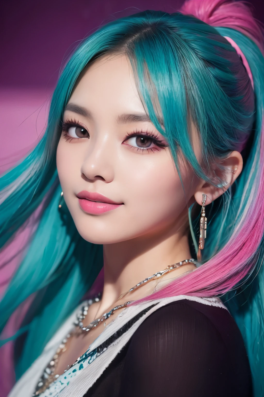 1 girl, 19 years old, south korean, 4k, masterpiece, realistic, frekles under eyes, long whavy rainbow hair, dark blue eyes, red lips, red eyeliners, massively large breast, off shoulder pink dress, discovered breast, tattoo in the neck, gold necklase, tilted head, happy, big smile, perfect teeth, lots of frekles under eyes, detailed face, night time, lying in a bed, facing camera.