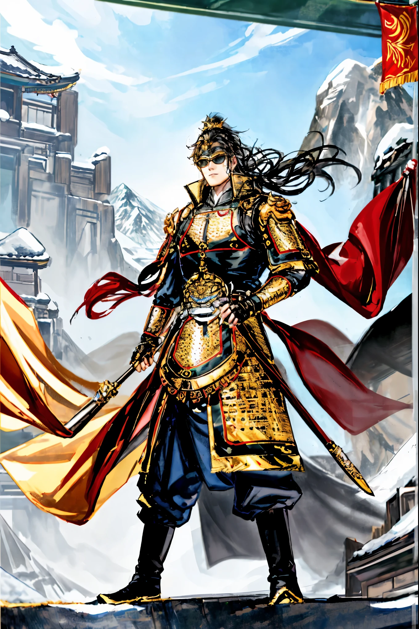 1boy, male focus, solo,  boots, gloves, fingerless gloves, sunglasses, black hair, belt,, long hair, pants，Golden Qing Dynasty Eight Banners Armor，Chinese Armour ，Golden Qing Dynasty Eight Banners Armor，Chinese Armour ，Golden Qing Dynasty Eight Banners Armor，Chinese Armour ，Golden Qing Dynasty Eight Banners Armor，Chinese Armour ，Golden Qing Dynasty Eight Banners Armor，Chinese Armour ，Golden Qing Dynasty Eight Banners Armor，Chinese Armour，Between the mountains，Snow-covered mountains，Snow-covered pine forest，Between the mountains，Snow-covered mountains，Snow-covered pine forest，Between the mountains，Snow-covered mountains，Snow-covered pine forest