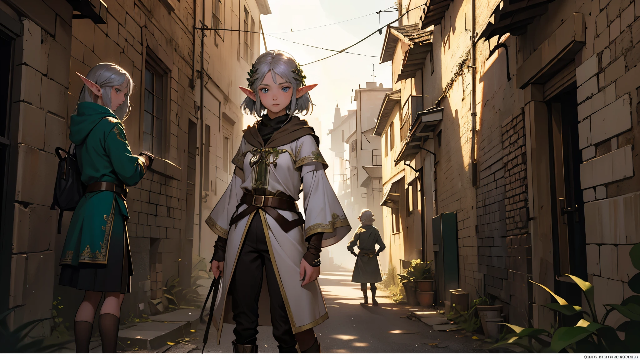 masterpiece, ultra detailed, 8K Portrait, Raw photo, a portrait photo of girl, Highly detailed face, beautiful and meticulous eyes, ((Fantasy)), (elf:1.5), 10 year old, young girl, little, gray short hair, brown eyes, Kind face, skinny, (dirty and tattered clothes), dirty and tattered hooded long white coat Fluttering in the wind, ((bare foots)), Midday Sun, Hyper realistic, in a medieval back alley, Ambient lighting, Shadow details , strong breeze, Light fog