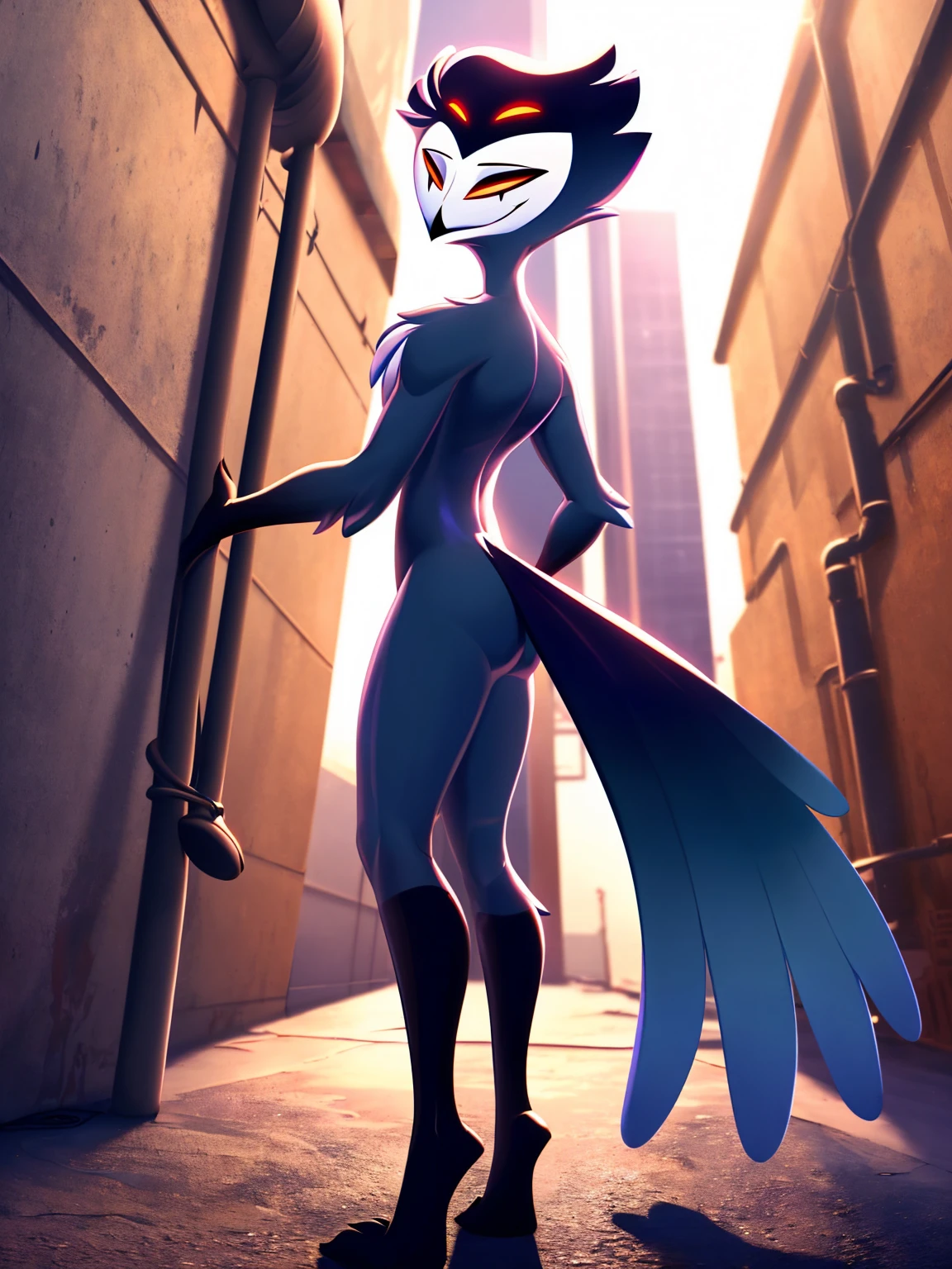 Teathekook (style), ((masterpiece)), ((8k quality)), (no watermark), stolas, male, mouth closed, detailed alley, standing, seductive pose, (solo:1.4), sleek, shiny slime body, tail feathers, shiny