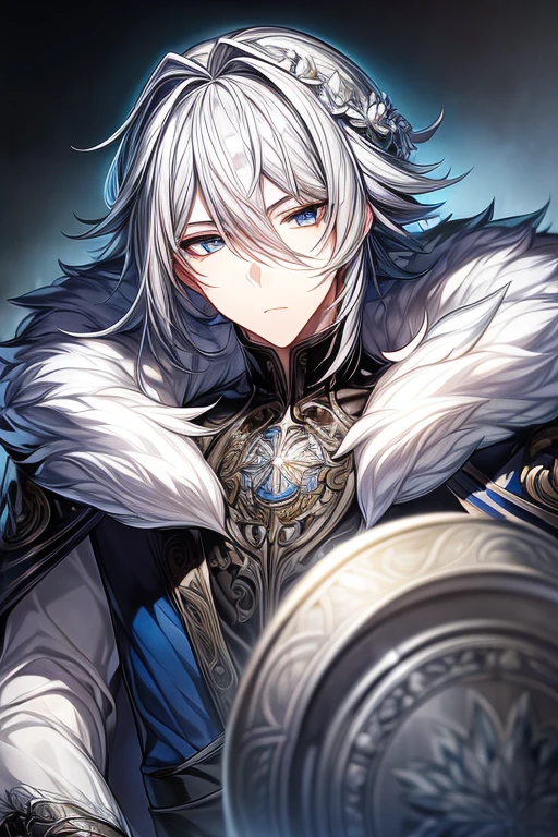 (masterpiece, best quality, perfect face, expressive eyes), 1boy, (anime), (male), (adult), white hair, blue eyes, (silver crown wreath), silver uniform, fur-rimmed cloak, intricate details