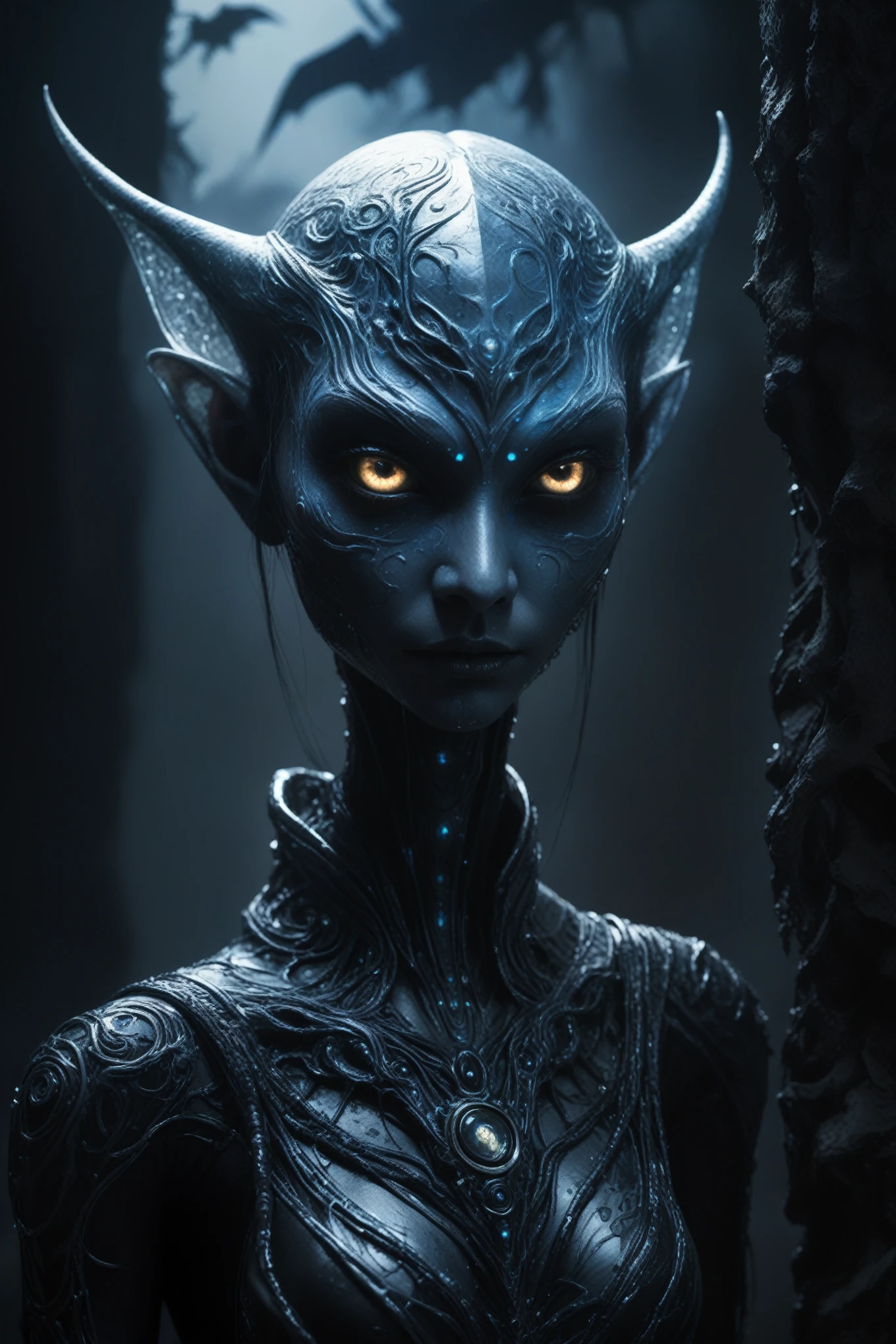 (High resolution,realistic,sharp focus),Humanoid alien creature with a vertically split face forming a mouth shape,beautiful predatory creature There is similar to a woman,alien/monster hybrid,scary hunter,[cosmic,extraterrestrial] There is,organic matter,otherworldly predator,beyond life,length,flowing hair,earrings,shineing eyes,intense sight,[elegant,graceful],enchanting facial features,[sharp,pointed,elengthated] teeth,[toxic,toxic] teeth,intense,enchanting smile,Smooth yet muscular body,[curve,shape] There is similar to a woman,[graceful,Towering] in front,alien skin texture resembling iridescent scales,[ethereal,luminescent] shine,[evil,bad luck] aura,sip,bipedal walking,[tranquility,predatory] enchanting footsteps,hypnotic] dance,[spooky,Unforgettable] grace,contrasting colors,[darkness,Shadow] hug a living thing,dystopian background scenery,[cosmic,milky way] background,bad luck celestial bodies,pulsating clouds,[extraterrestrial,超realistic] vegetation,rays of ethereal light [filtering,caress] scene,dramatic chiaroscuro lighting,penetrating the darkness,Create an intimate yet frightening atmosphere.