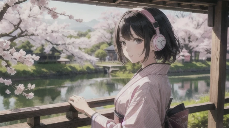 (masterpiece), highest quality, Detailed Background, nature光, nature, Kyoto Arashiyama, Cafe、Cherry Blossom, One girl, Medium chest, Medium Hair, Black Hair, Pink kimono,headphone,listen to music