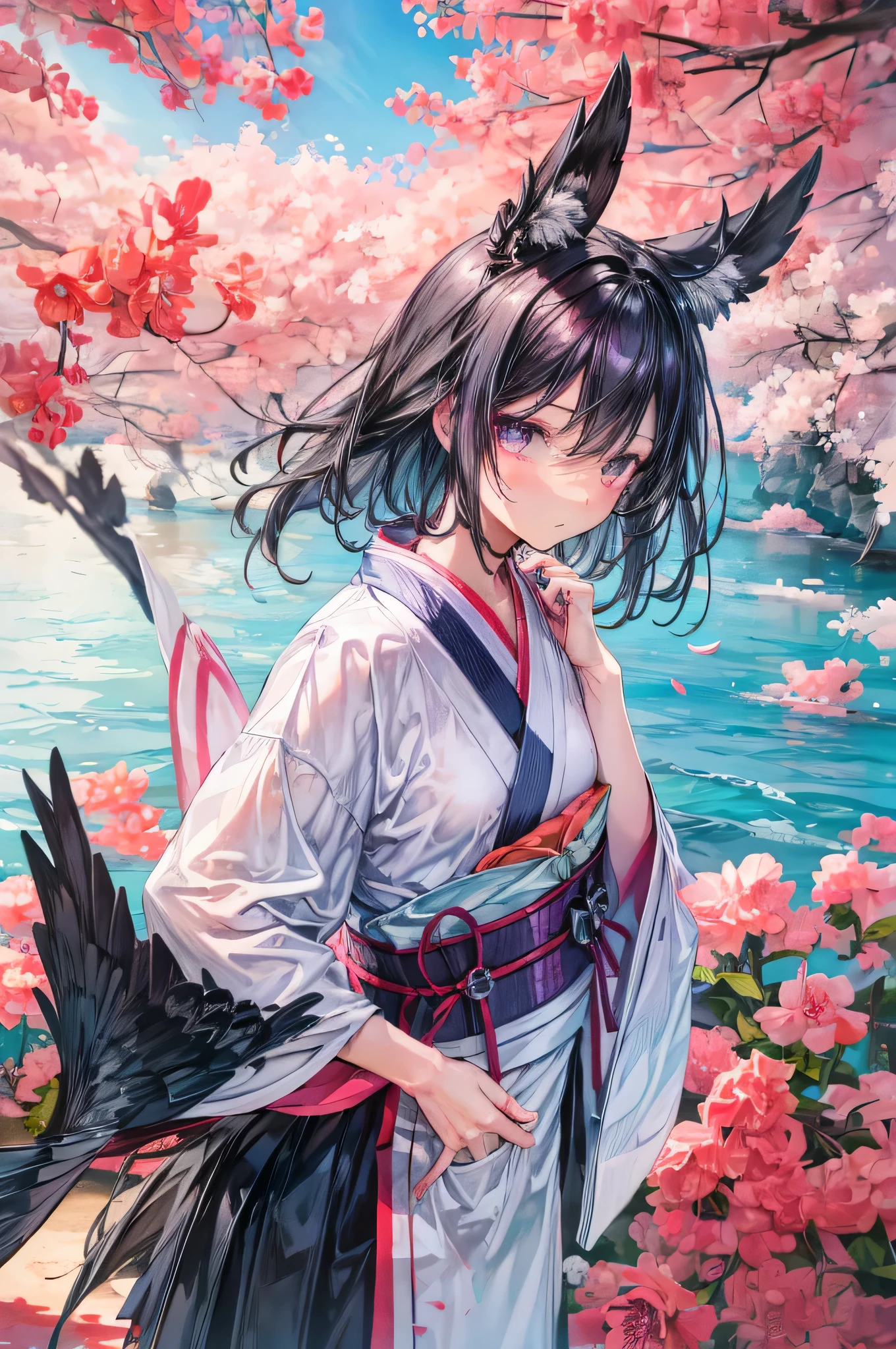 1girl, a solitary figure with raven-black hair cascading like a waterfall, gazes at the vast seaside scenery, (closer view: 1.1). Cherry blossoms are scattered around, their petals falling gently, painting a transient landscape. A single sunbeam breaks through the clouds, creating divine god rays that highlight her upper body. She wears a traditional kimono, its vibrant colors contrasting sharply against the serene blue sea. Renge, the girl's name, is etched in the air by the radiant rays of sunlight. A masterpiece of a moment, captured in its best quality, this image encapsulates