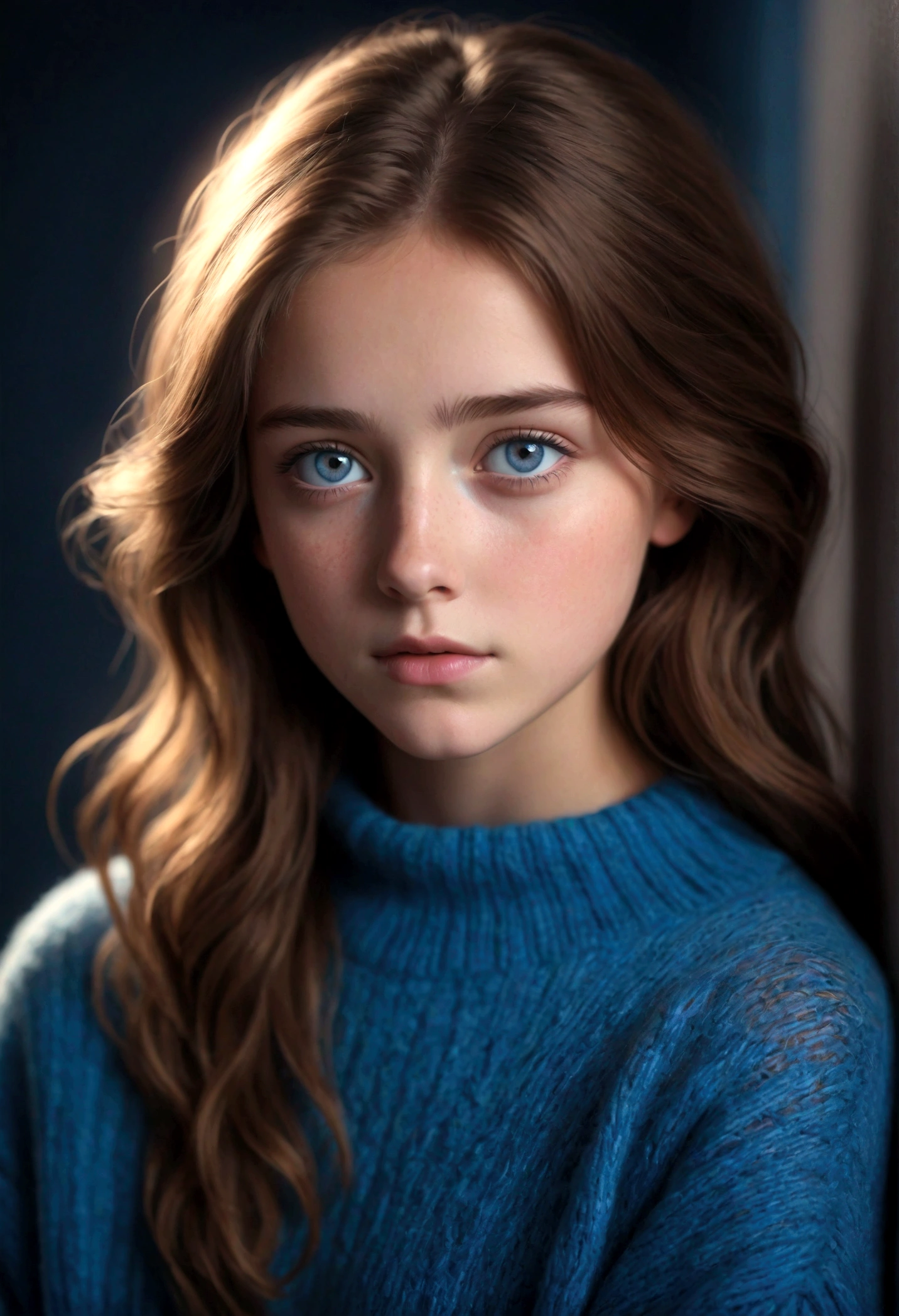 portrait of a feminine age girl with brown hair and blue eyes, wearing an oversized sweater, dramatic lighting, depth of field, depth of field, photon mapping, radiosity, physically-based rendering,