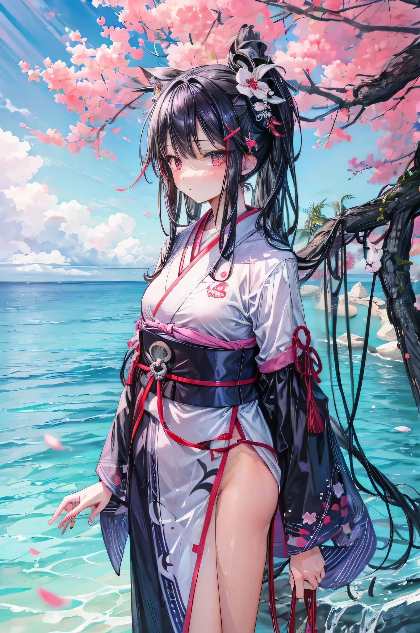 1girl, a solitary figure with raven-black hair cascading like a waterfall, gazes at the vast seaside scenery, (closer view: 1.1). Cherry blossoms are scattered around, their petals falling gently, painting a transient landscape. A single sunbeam breaks through the clouds, creating divine god rays that highlight her upper body. She wears a traditional kimono, its vibrant colors contrasting sharply against the serene blue sea. Renge, the girl's name, is etched in the air by the radiant rays of sunlight. A masterpiece of a moment, captured in its best quality, this image encapsulates