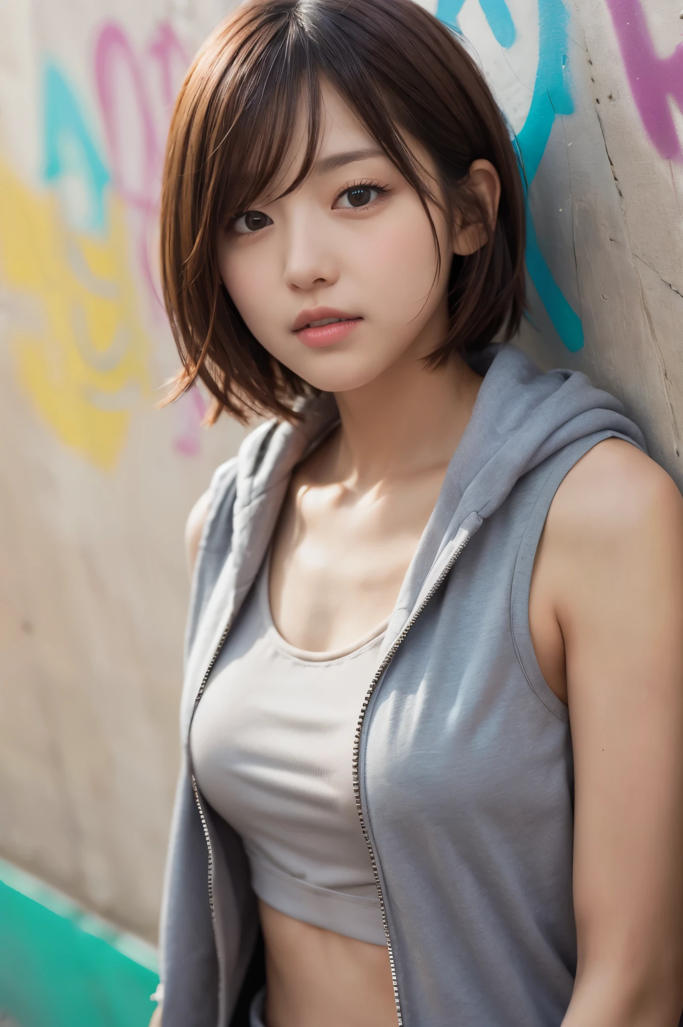 masterpiece, highest quality, Very detailed, 8k, Realistic, One Girl, alone, Tomboy, Very detailed face, (head shot:1.5), Upper Body, Standing in front of a wall covered in hip hop graffiti, Light brown pixie cut hair, She is wearing a tight, short, thin black tank top and an open-zip yellow hoodie., No bra、Reaching into the pocket of a hoodie、Close-up of tank top showing nipples