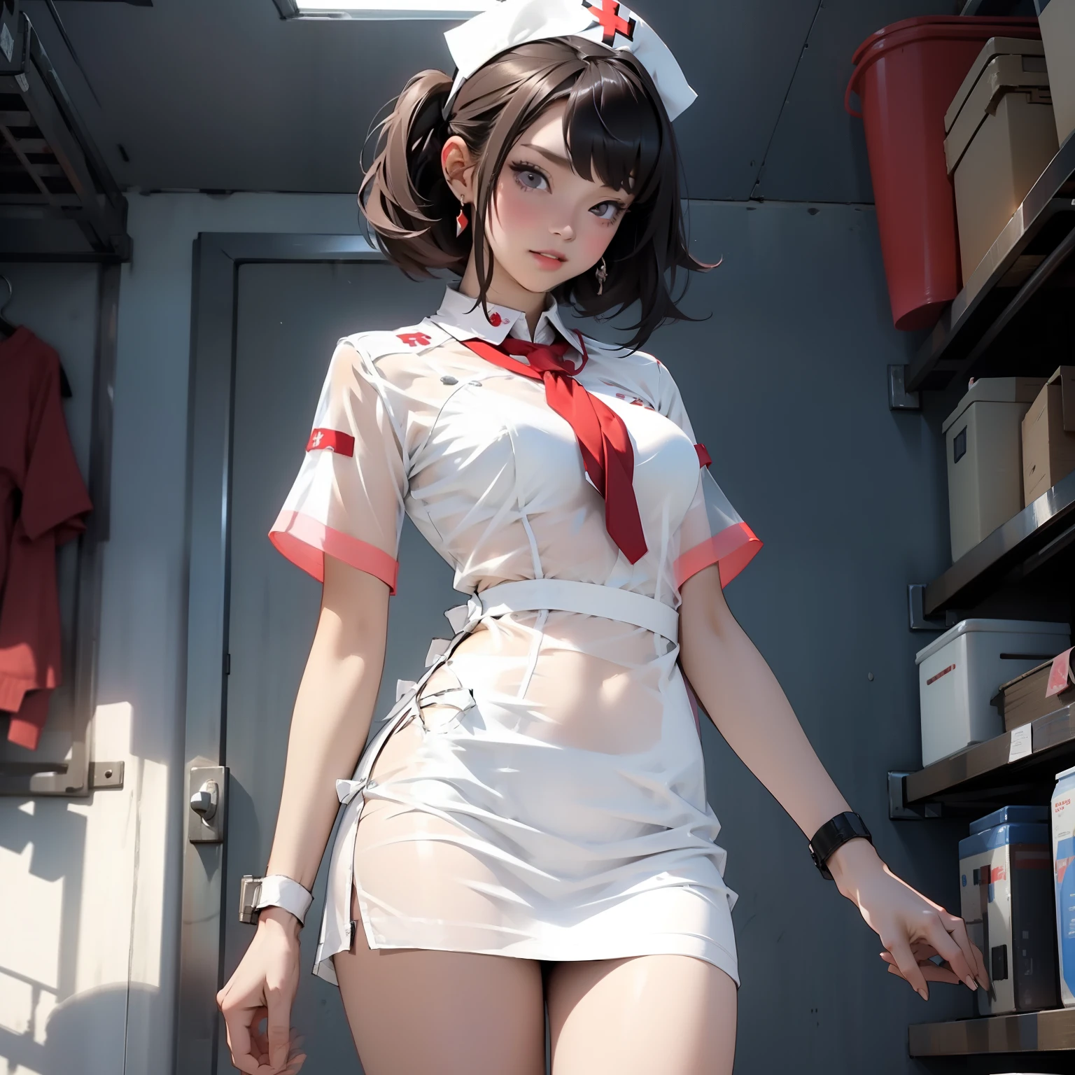 Beautiful female nurse,1 woman,short mini dress,see-through transparent clothes,