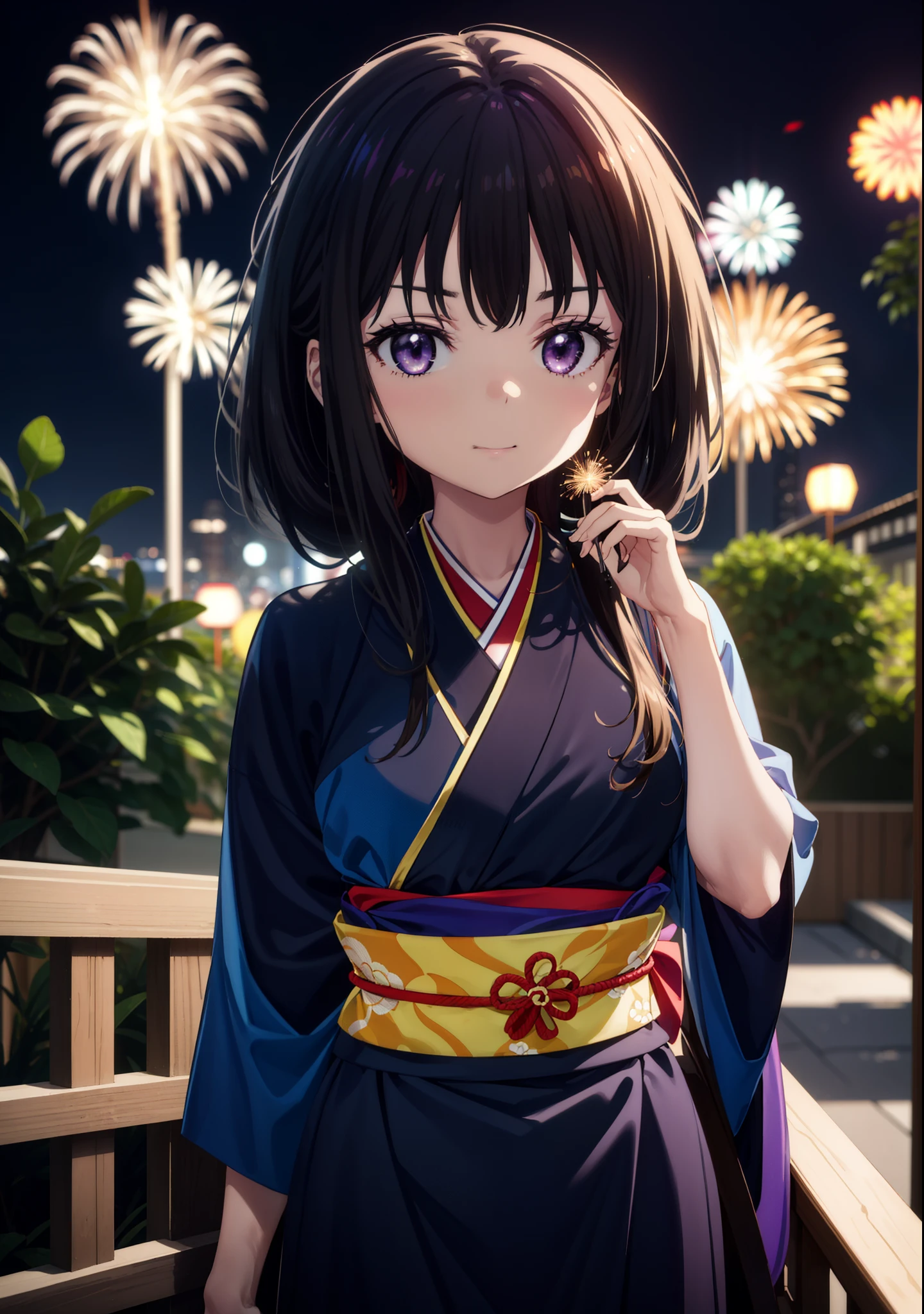 Takiuchi, Check it out,One Girl, Long Hair, bangs, Black Hair, (Purple eyes:1.2),Flower Hair Ornaments,hair tied back,smile,blush,Embarrassing,Blue kimono,Blue long skirt,Sandals,日本のfestival,夏festivalの屋台、Red Lantern,Fireworks in the night sky,The place is a fireworks display,Time is night,whole bodyがイラストに入るように,Looking up from below、Walking,
break outdoors, festival,shrine,
break looking at viewer, whole body,Upper Body, (Cowboy Shot:1. 5)
break (masterpiece:1.2), highest quality, High resolution, unity 8k wallpaper, (shape:0.8), (Beautiful details:1.6), Highly detailed face, Perfect lighting, Extremely detailed CG, (Perfect hands, Perfect Anatomy),