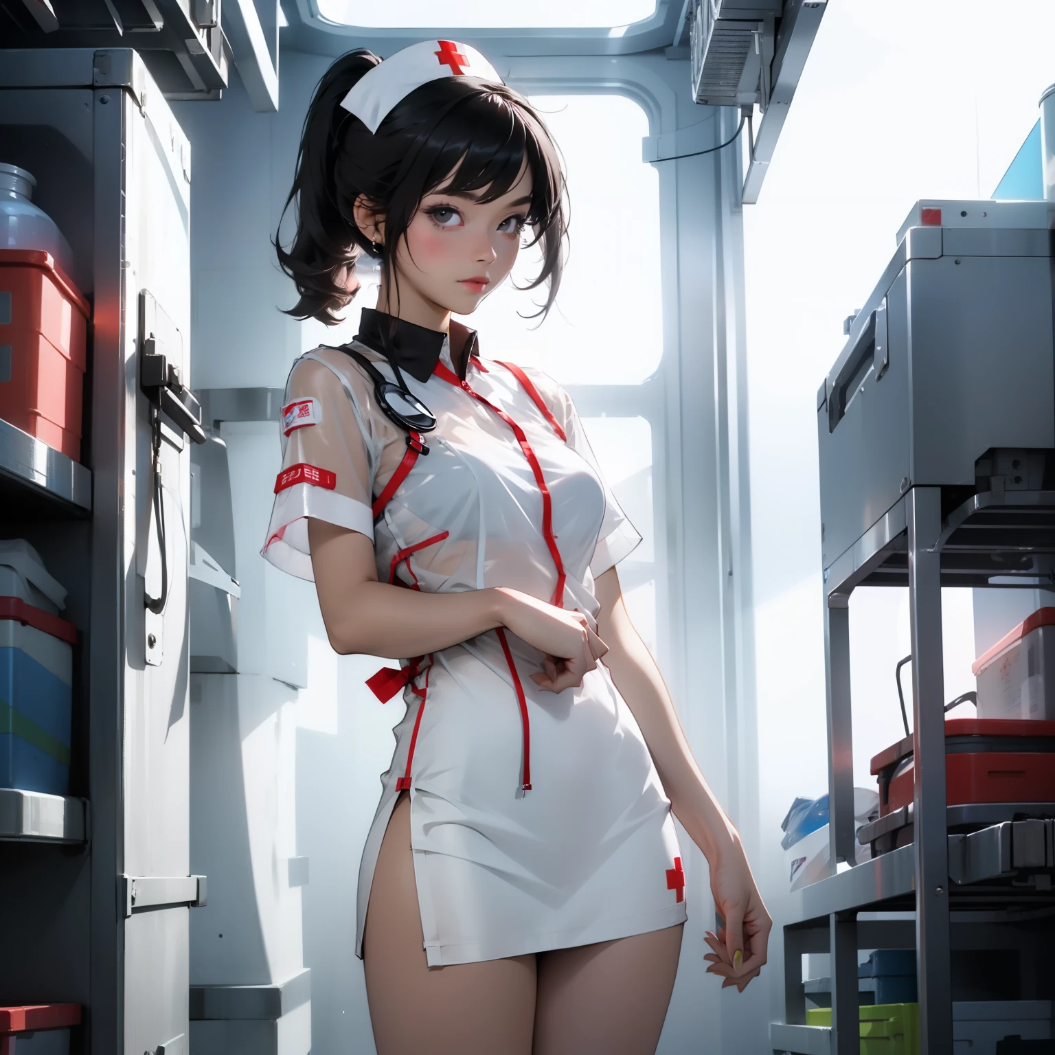 Beautiful female nurse，1 woman，short mini dress，see-through transparent clothes,  