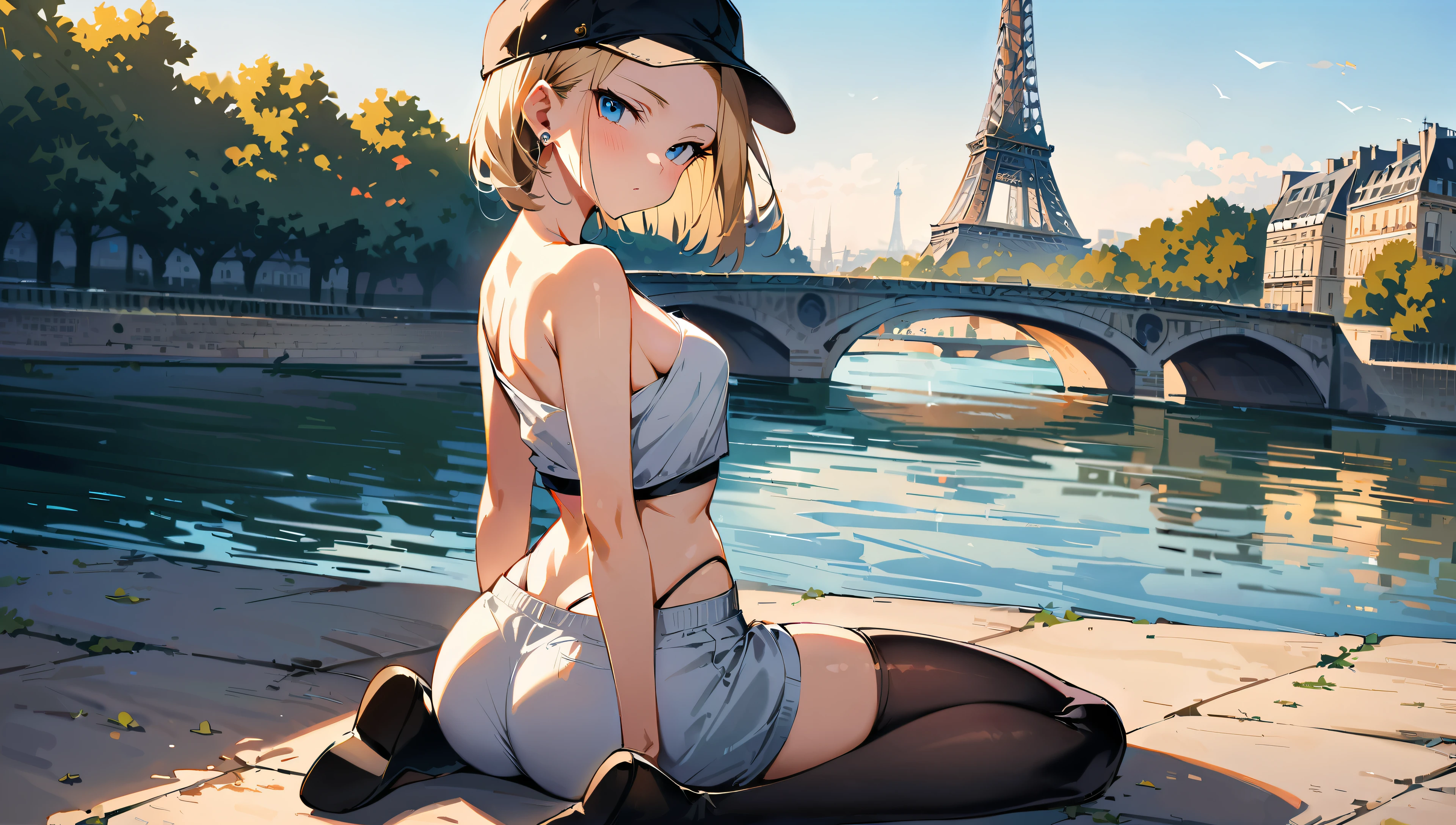 (masterpiece, best quality:1.2), from behind, solo, Android 18 from Dragon Ball, ((slip-on one-shoulder crop top)), (light gray top:1.2), (gray sport shorts), strings of thong underwear slightly visible, (wearing glasses), small breasts, short blonde hair loose, (blue eyes), earrings on earlobes, ((plane black cap)), black thighhighs, black loafers, head tilt, light blush, (wariza1:2), looking back, arms behind back, slender feminine figure, narrow waistline, skinny body, no jacket, no logo, backless crop top, the Eiffel Tower, the Seine, riverside, natural lighting and shadows, magnificent view, blur background, 4K