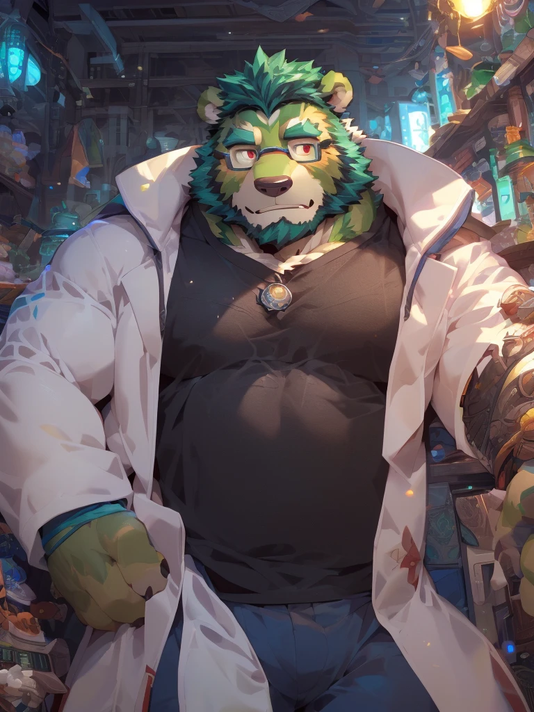 Snow leopard, furry, fluorescent green pattern, black hair, muscles, big belly