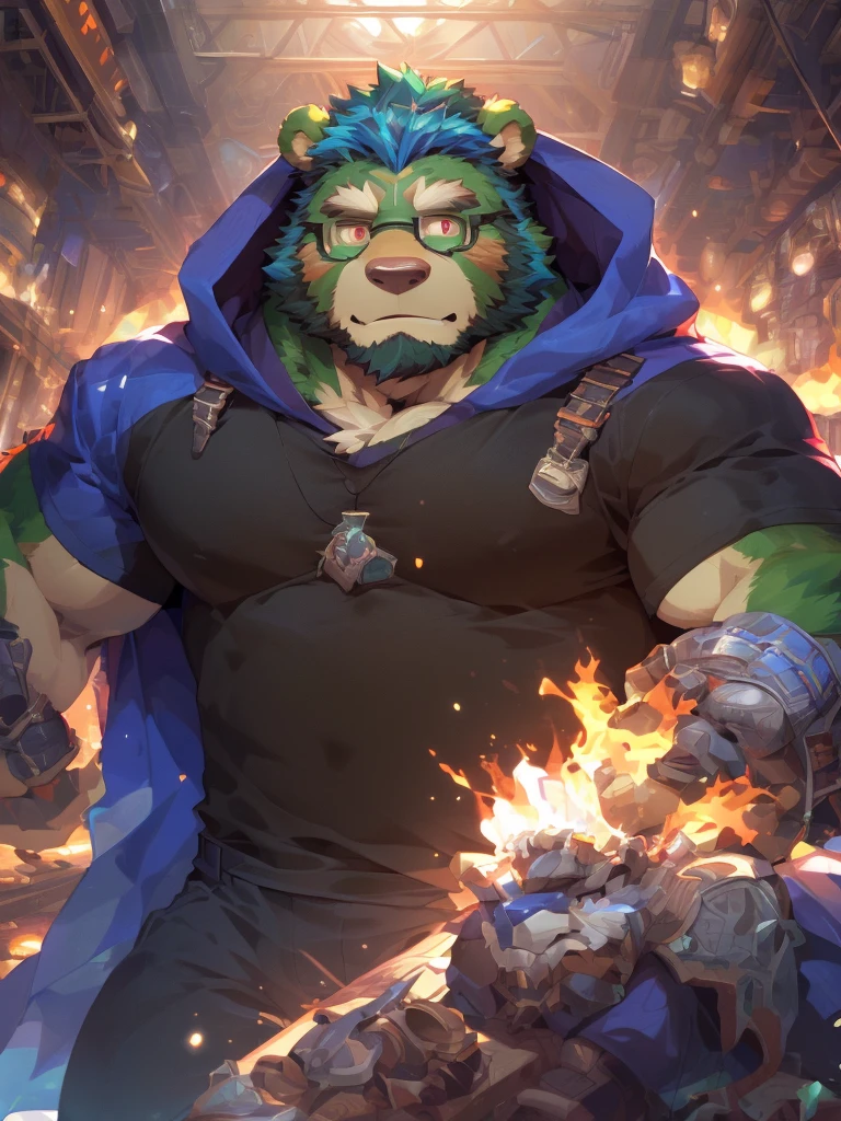 masterpiece ,best quality ,delicate face ,delicate eyes ,perfect anatomy ,Super detailed ,depth of field ,perfect lighting ,light particles ,Vibrant colors , sharp lineart, adventurer cloth ,masterpiece,high quality,anime,detailed eyes,furry male Green Bear, (((Jinpei))), Great physique, arm gauntlet, (Rainbow Spark), highly detailed, (((detailed face, detailed eyes, detailed background, detailed))), (digital flat colors:1.1), (masterpiece:1.3),(best quality:1.4), 4k, hi res, Solo, solo focus, Male, Male focus, anthropomorphic, bear, mature, shaded, good anatomy, (((green bear))), (((green fur))), no hair, beard, white eyebrows, (((bald))), detailed dark red eyes, tall))), 5 fingers, (((black t-shirt inside))), (((white coat with hood))), (((by zixiong, by bogexboog, by null-ghost, by pino daeni))), nj5furry, full body, landscape, wizard, scifi, scifi city landscape, scifi fantasy, (((saiyan scouter))),