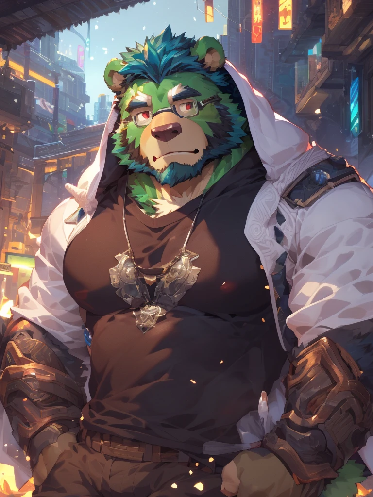 masterpiece ,best quality ,delicate face ,delicate eyes ,perfect anatomy ,Super detailed ,depth of field ,perfect lighting ,light particles ,Vibrant colors , sharp lineart, adventurer cloth ,masterpiece,high quality,anime,detailed eyes,furry male Green Bear, (((Jinpei))), Great physique, arm gauntlet, (Rainbow Spark), highly detailed, (((detailed face, detailed eyes, detailed background, detailed))), (digital flat colors:1.1), (masterpiece:1.3),(best quality:1.4), 4k, hi res, Solo, solo focus, Male, Male focus, anthropomorphic, bear, mature, shaded, good anatomy, (((green bear))), (((green fur))), no hair, beard, white eyebrows, (((bald))), detailed dark red eyes, tall))), 5 fingers, (((black t-shirt inside))), (((white coat with hood))), (((by zixiong, by bogexboog, by null-ghost, by pino daeni))), nj5furry, full body, landscape, wizard, scifi, scifi city landscape, scifi fantasy, (((saiyan scouter))),