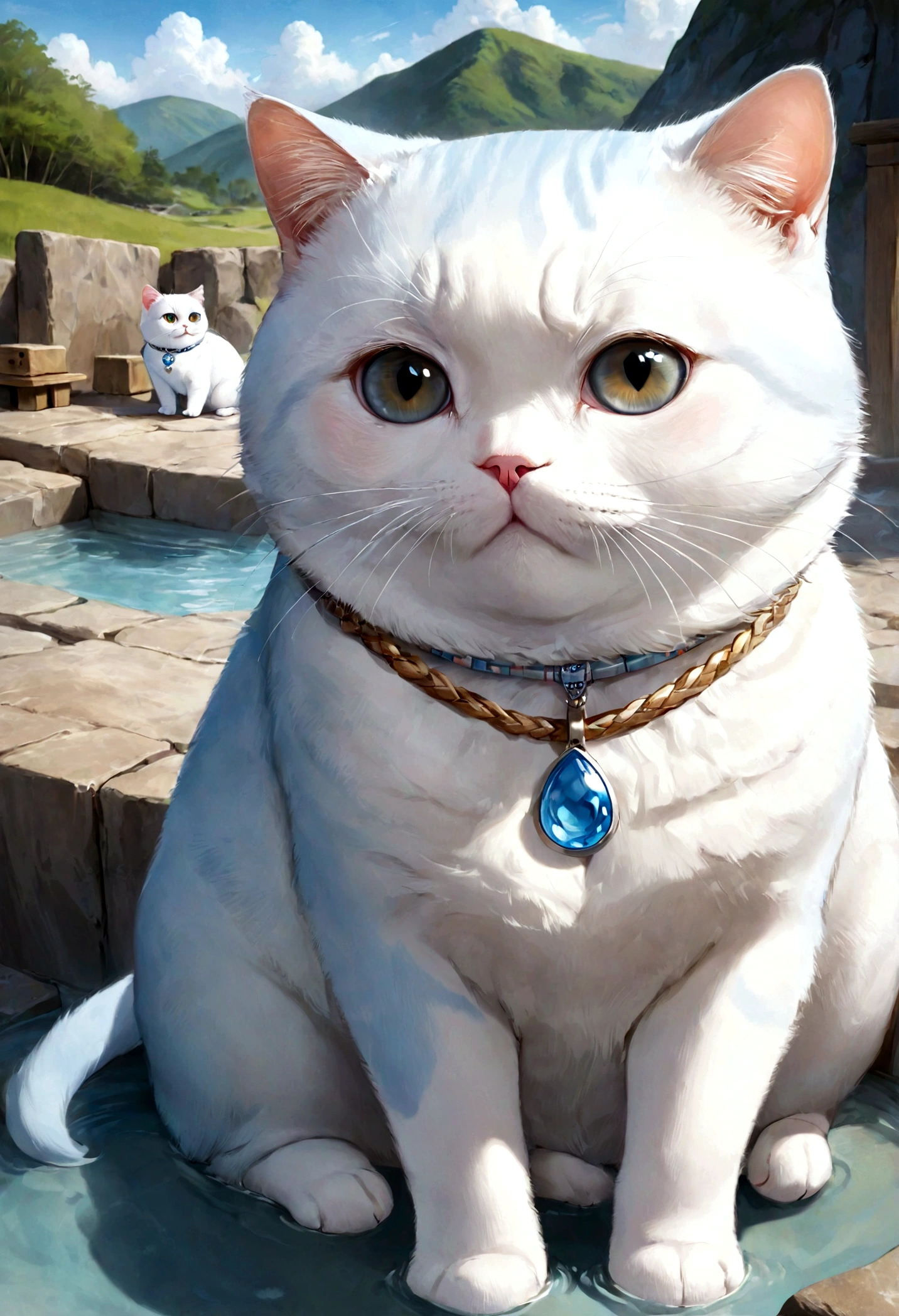 cute adorable portrait Scottish fold lightblue fat cat, at hot spring, "UNC" necklace, adorable digital painting, realistic fantasy art, beautiful digital art