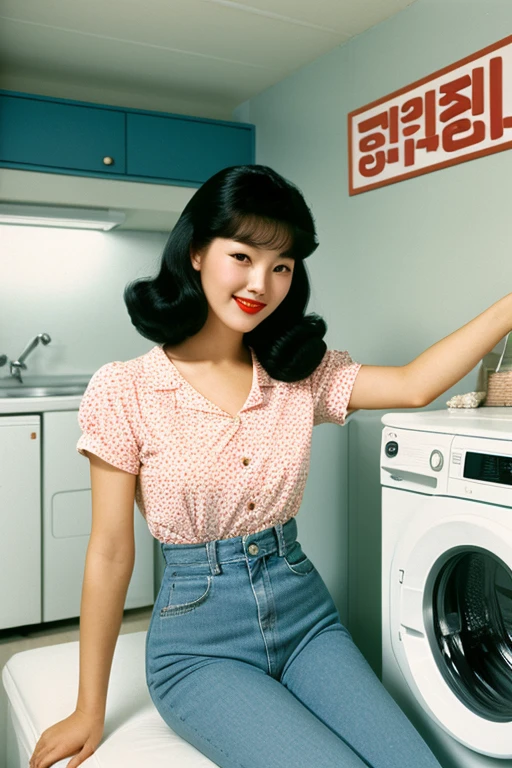 Asian girl holding dressed in polka dots in pin-up style