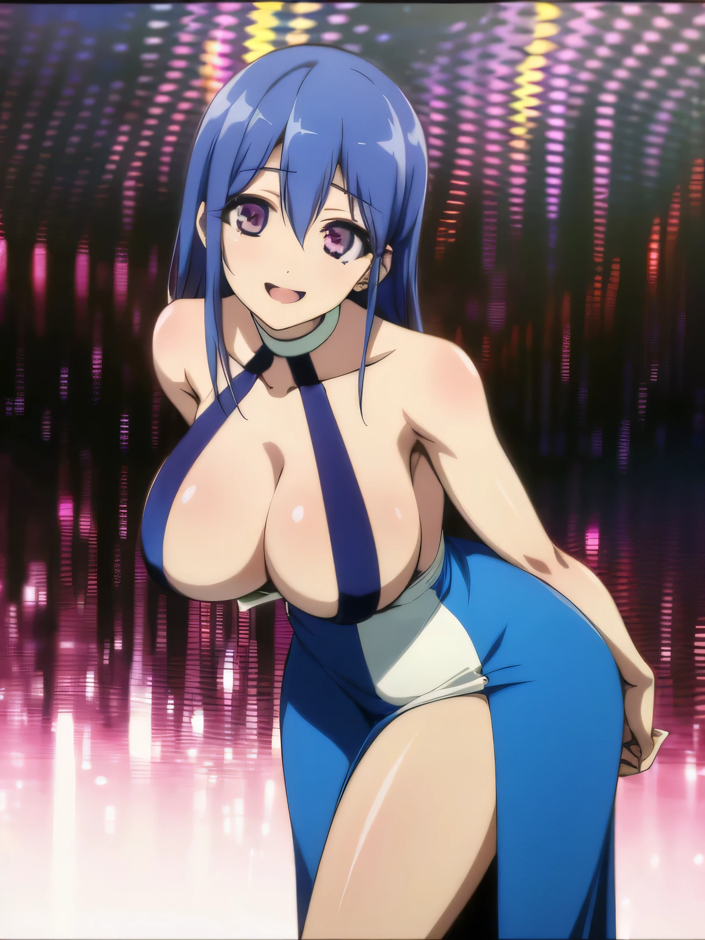 masterpiece, Best Quality,1girl in, (Solo:1.3),(huge-breasted:1),Smile,in nightclub :1.3),standing on,A smile,Opening Mouth,sexy dress,sexy pose,