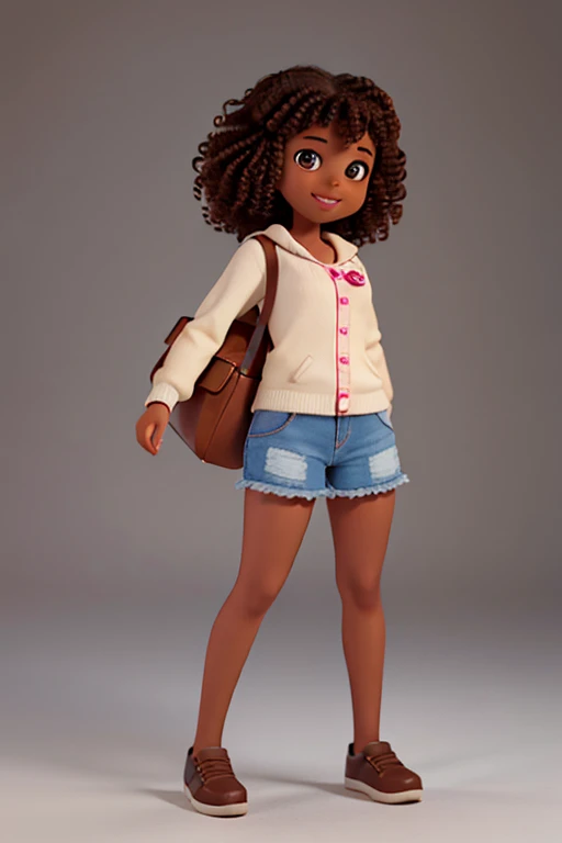 Front view of a young, college girl, standing, full length, dark skin, happy and detailed face, 3d, perfect face, brown eye color, curly hair, no background.