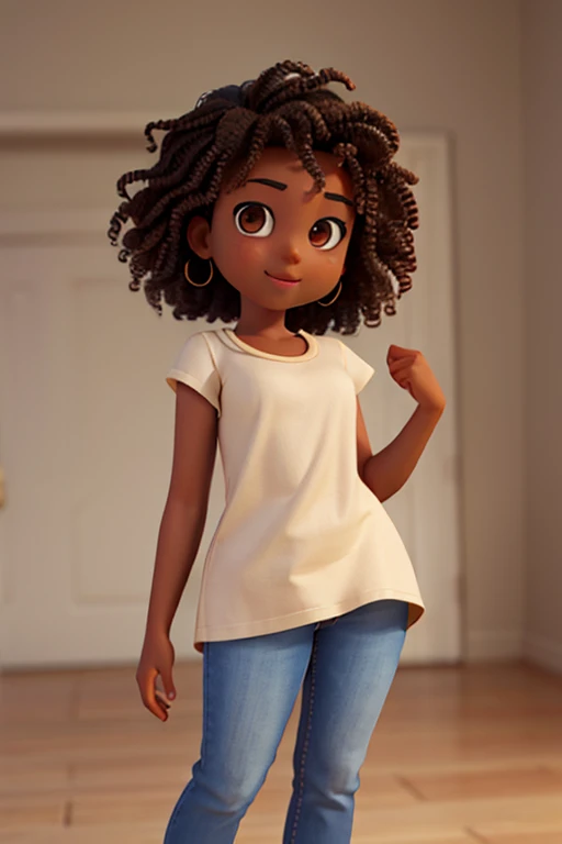 Front view of a young, college girl, standing, full length, dark skin, happy and detailed face, 3d, perfect face, brown eye color, curly hair, no background.