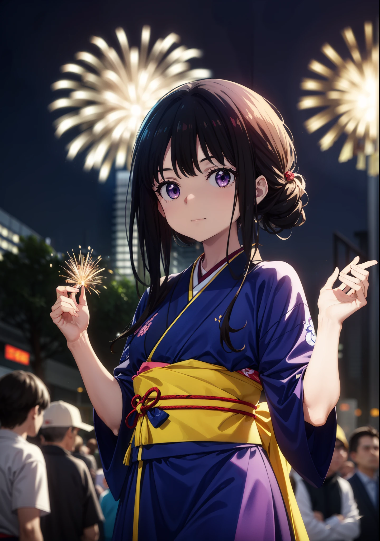 Takiuchi, Check it out,One Girl, Long Hair, bangs, Black Hair, (Purple eyes:1.2),Flower Hair Ornaments,hair tied back,smile,blush,Embarrassing,Blue kimono,Blue long skirt,Sandals,日本のfestival，夏festivalの屋台、Red Lantern,Fireworks in the night sky,The place is a fireworks display,Time is night,whole bodyがイラストに入るように,Looking up from below、Walking,
break outdoors, festival,shrine,
break looking at viewer, whole body,Upper Body,  (Cowboy Shot:1. 5)
break (masterpiece:1.2), highest quality, High resolution, unity 8k wallpaper, (shape:0.8), (Beautiful details:1.6), Highly detailed face, Perfect lighting, Extremely detailed CG, (Perfect hands, Perfect Anatomy),