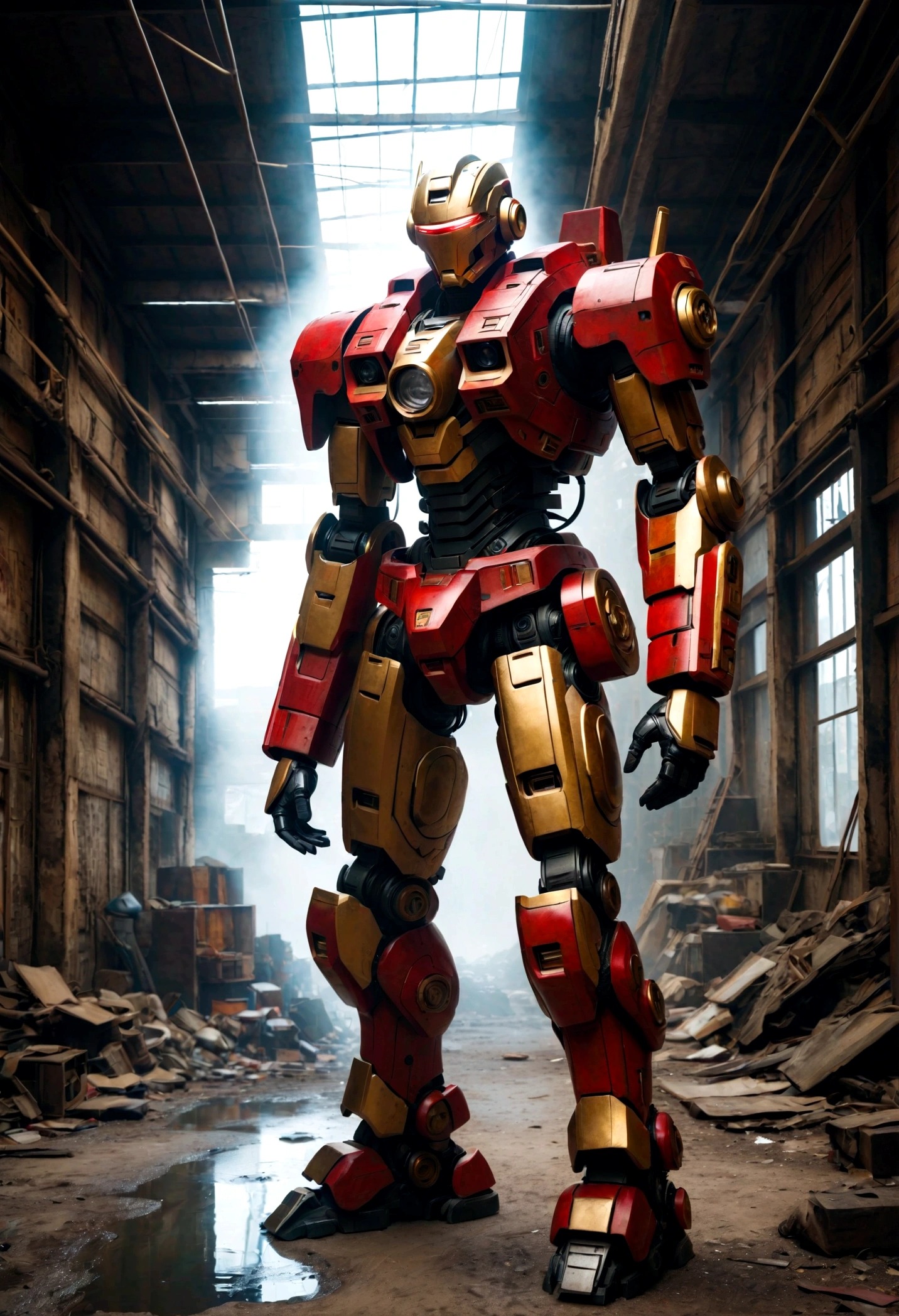 Men are wearing Amman mechs, red and gold, highly detailed abandoned warehouse backgrounds, detailed faces, detailed complex busy backgrounds, messy, gorgeous, milky, detailed skin, realistic skin details, visible pores, sharp focus, volume fog, 8k UHD, DSLR cameras, high quality, film grain, white skin, photorealism, lomography, Metropolis in futuristic dystopia, view from below, translucent