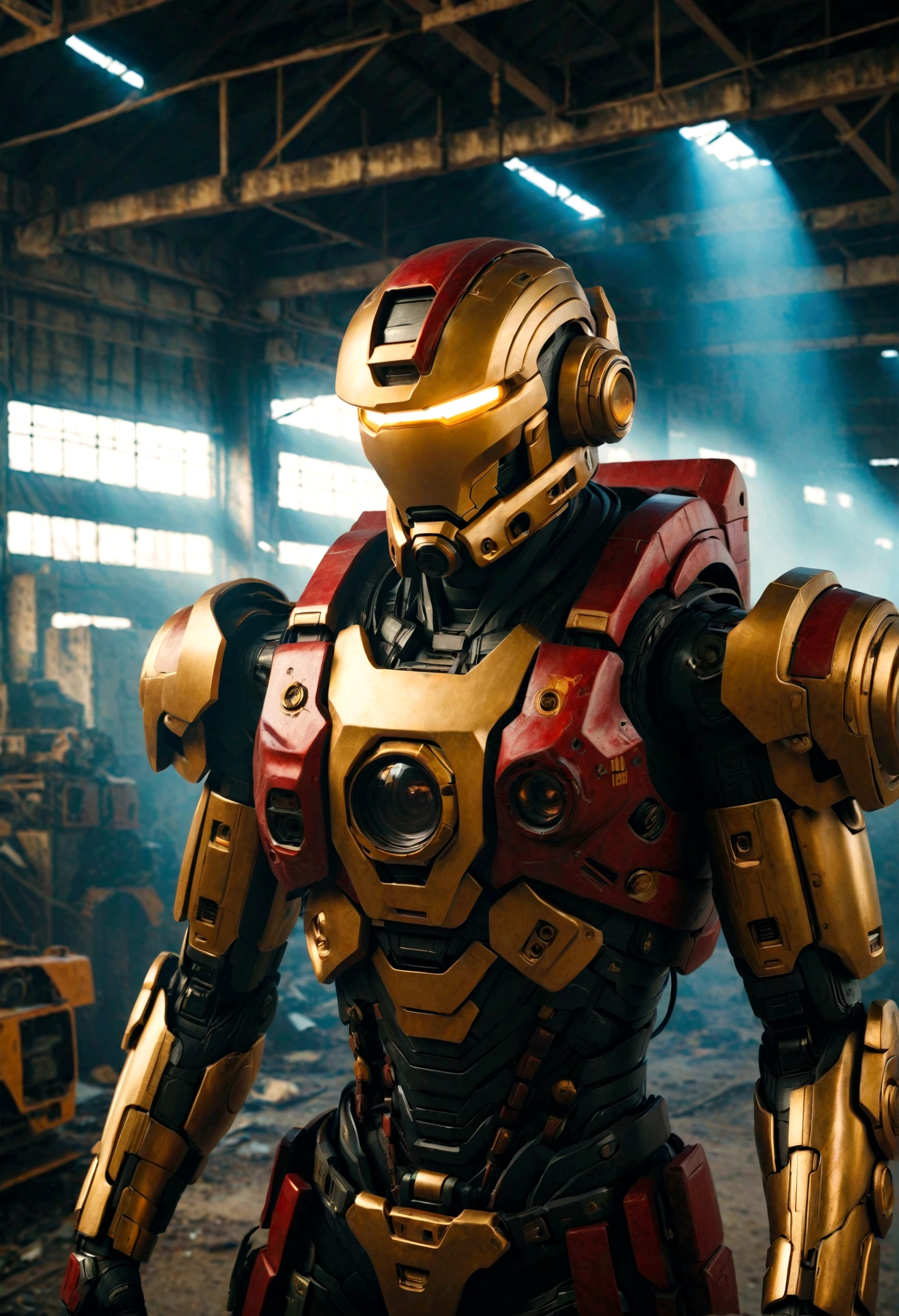 Men are wearing Amman mechs, red and gold, highly detailed abandoned warehouse backgrounds, detailed faces, detailed complex busy backgrounds, messy, gorgeous, milky, detailed skin, realistic skin details, visible pores, sharp focus, volume fog, 8k UHD, DSLR cameras, high quality, film grain, white skin, photorealism, lomography, Metropolis in futuristic dystopia, view from below, translucent