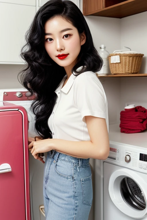 (1 korean young girl), big breasts, strikingly beautiful, delicate facial features, porcelain skin, expressive eyes, black hair, red lips, (hairstyle of the 1980s), (her hair styled in classic pin curls), Visualize a vintage 1980s Korean washing machine advertisement. The setting is a cozy and well-lit room with pastel-colored walls. Centered in the scene is a brand-new washing machine with a glossy finish and visible brand logo. To the left of the washing machine, a youthful Korean woman, dressed in a stylish 1980s attire, beams with delight. Her hair is styled in the signature 80s big hair fashion, and she holds a bunch of clean, white laundry, emphasizing the washing machine's efficiency.