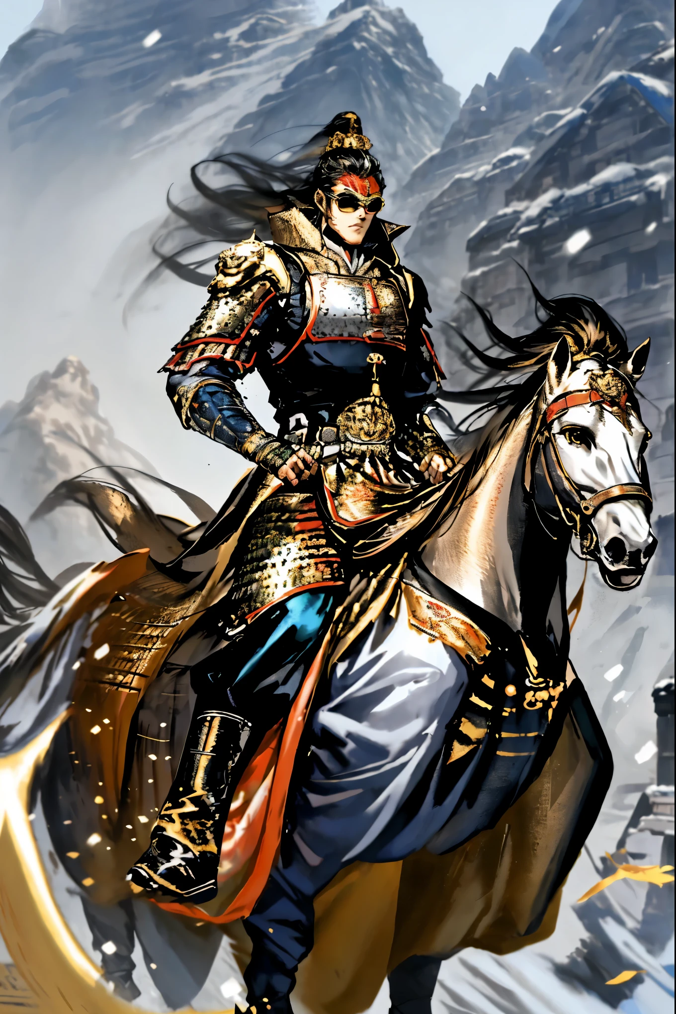 1boy, male focus, solo,  boots, gloves, fingerless gloves, sunglasses, black hair, belt,, long hair, pants，Golden Qing Dynasty Eight Banners Armor，Chinese Armour ，Golden Qing Dynasty Eight Banners Armor，Chinese Armour ，Golden Qing Dynasty Eight Banners Armor，Chinese Armour ，Golden Qing Dynasty Eight Banners Armor，Chinese Armour ，Golden Qing Dynasty Eight Banners Armor，Chinese Armour ，Golden Qing Dynasty Eight Banners Armor，Chinese Armour，Between the mountains，Snow-covered mountains，Snow-covered pine forest，Between the mountains，Snow-covered mountains，Snow-covered pine forest，Between the mountains，Snow-covered mountains，Snow-covered pine forest，Riding a galloping white horse，Riding a galloping white horse，Riding a white horse，Riding a white horse，A picture full of tension，A picture full of tension，A picture full of tension，A picture full of tension，