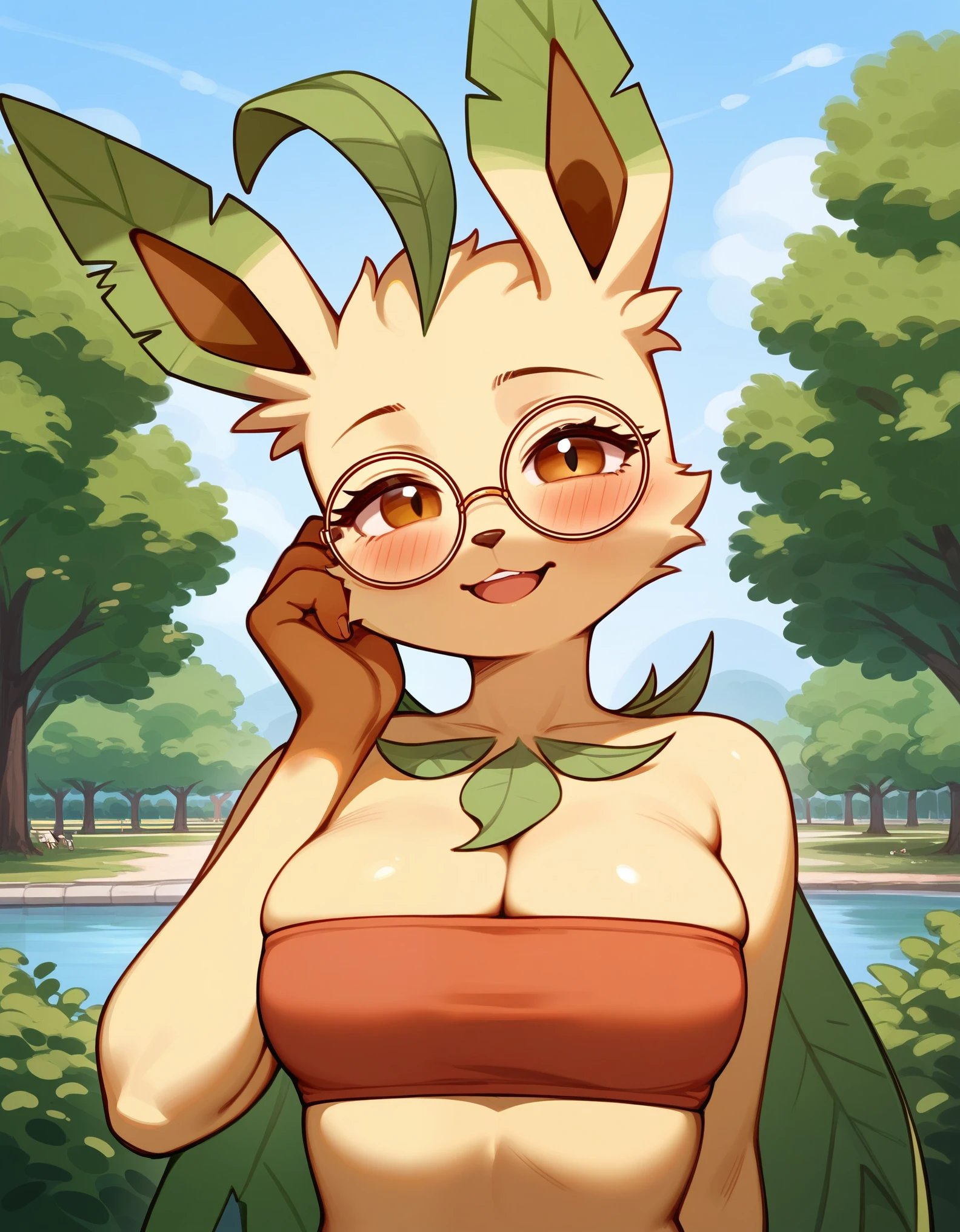 score_9,score_8_up,score_7_up, anthro furry female leafeon Pokemon, tall, wearing hippie bandeau, big round glasses, eyes half opened, bored eyes, smiling softly, mouth open, outdoors, at a park, blushing, portrait 