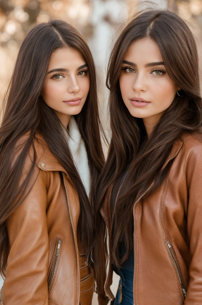 Professional photograph, best quality, 8K, hyper detailed, half body, A close up portrait of two gorgeous, beautiful, wonderful women, Argentinian and spanish females together posing for the camera, both women have super long hair, argentinian girl has dark brown hair and spanish girl has light brown hair, the both of them are wearing winter outfits, both girls are wearing leather jackets. Both women are wonderful, dream, ethereal, timeless, majestic beauties from Argentina and Spain. Hispan dream beauties who comes to the hearts. 

