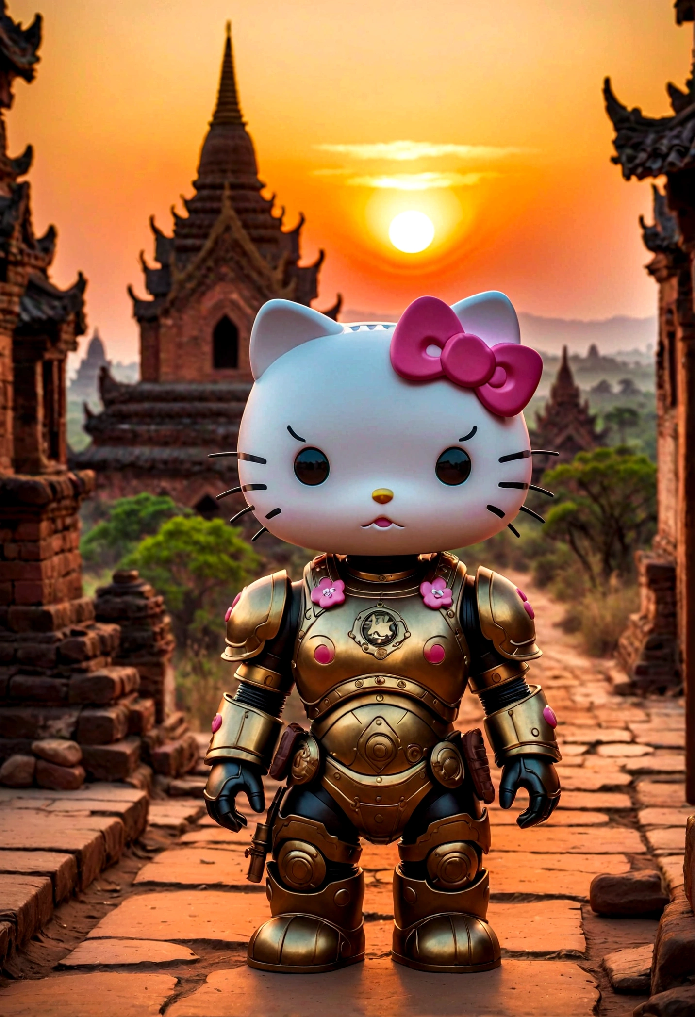 Post-apocalyptic aesthetics, Hello Kitty walks in the ancient city of Bagan in power armor, Sunset,