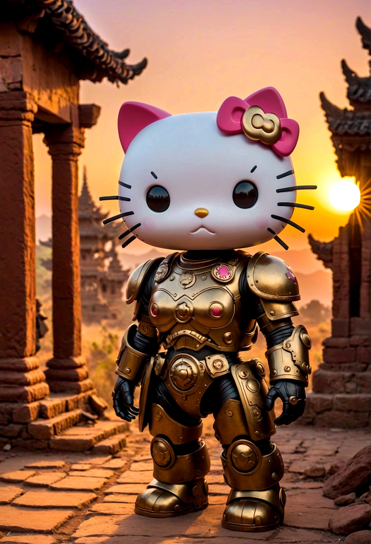 Post-apocalyptic aesthetics, Hello Kitty walks in the ancient city of Bagan in power armor, Sunset,