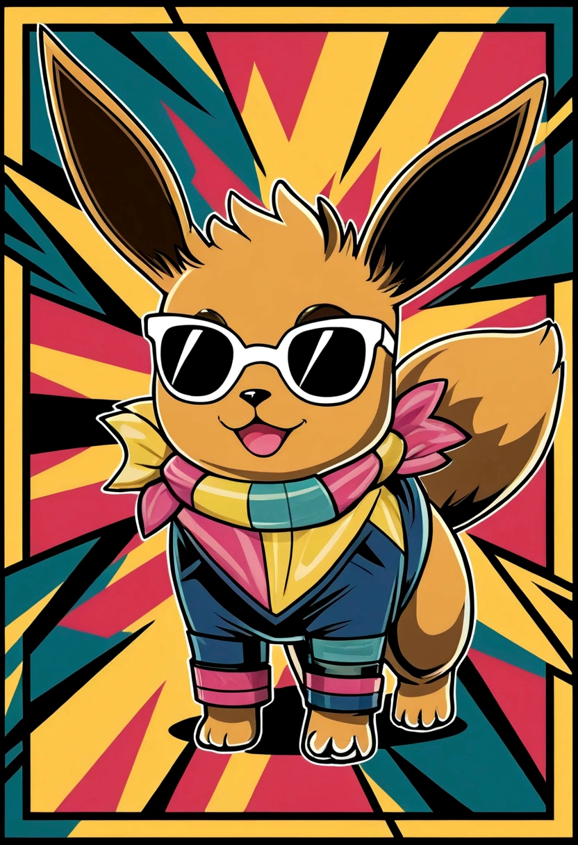 A vibrant and eye-catching illustration of Eevee, the iconic Pokémon, in a pop culture style. Eevee is depicted in a funky, modern outfit, with a cool pair of sunglasses, a colorful scarf, and a pop art-style border. The background features a bold, abstract pattern with bright colors and geometric shapes. This illustration perfectly captures the essence of pop art and its influence on popular culture., illustration