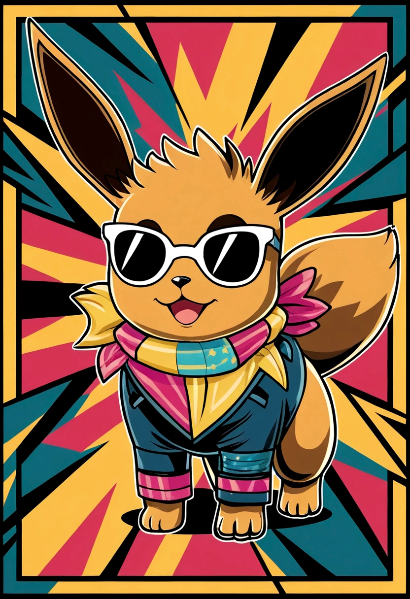 A vibrant and eye-catching illustration of Eevee, the iconic Pokémon, in a pop culture style. Eevee is depicted in a funky, modern outfit, with a cool pair of sunglasses, a colorful scarf, and a pop art-style border. The background features a bold, abstract pattern with bright colors and geometric shapes. This illustration perfectly captures the essence of pop art and its influence on popular culture., illustration