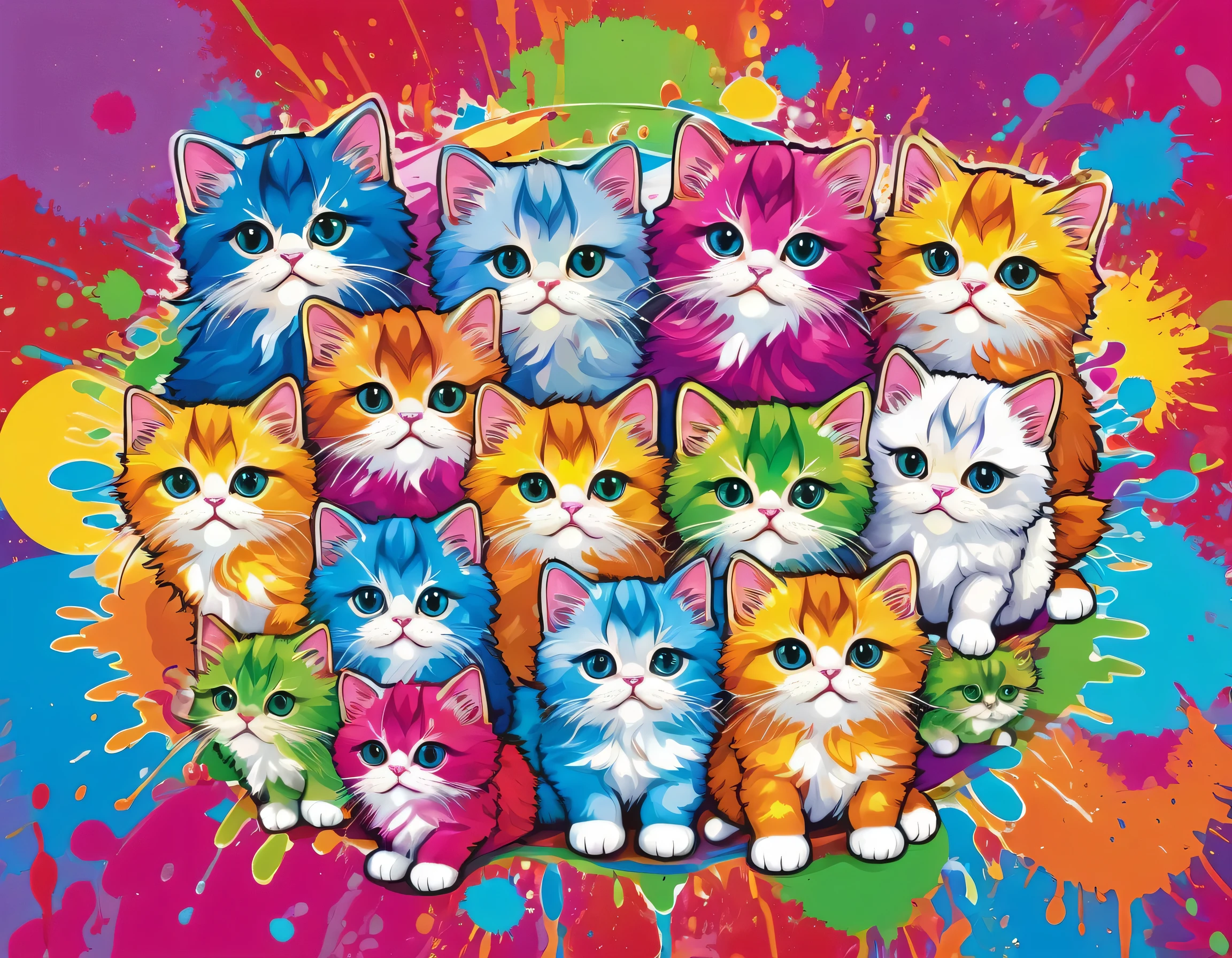 Takashi Murakami style, Colorful illustration with lots of cute Persian kittens, In the center, Vibrant colors, Paint splatters and stains, High Detail,Hawaiian style background